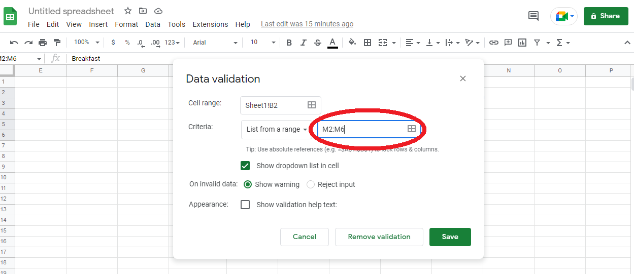 How to Create Drop Down List in Google Sheets | Put the address of the cell or range