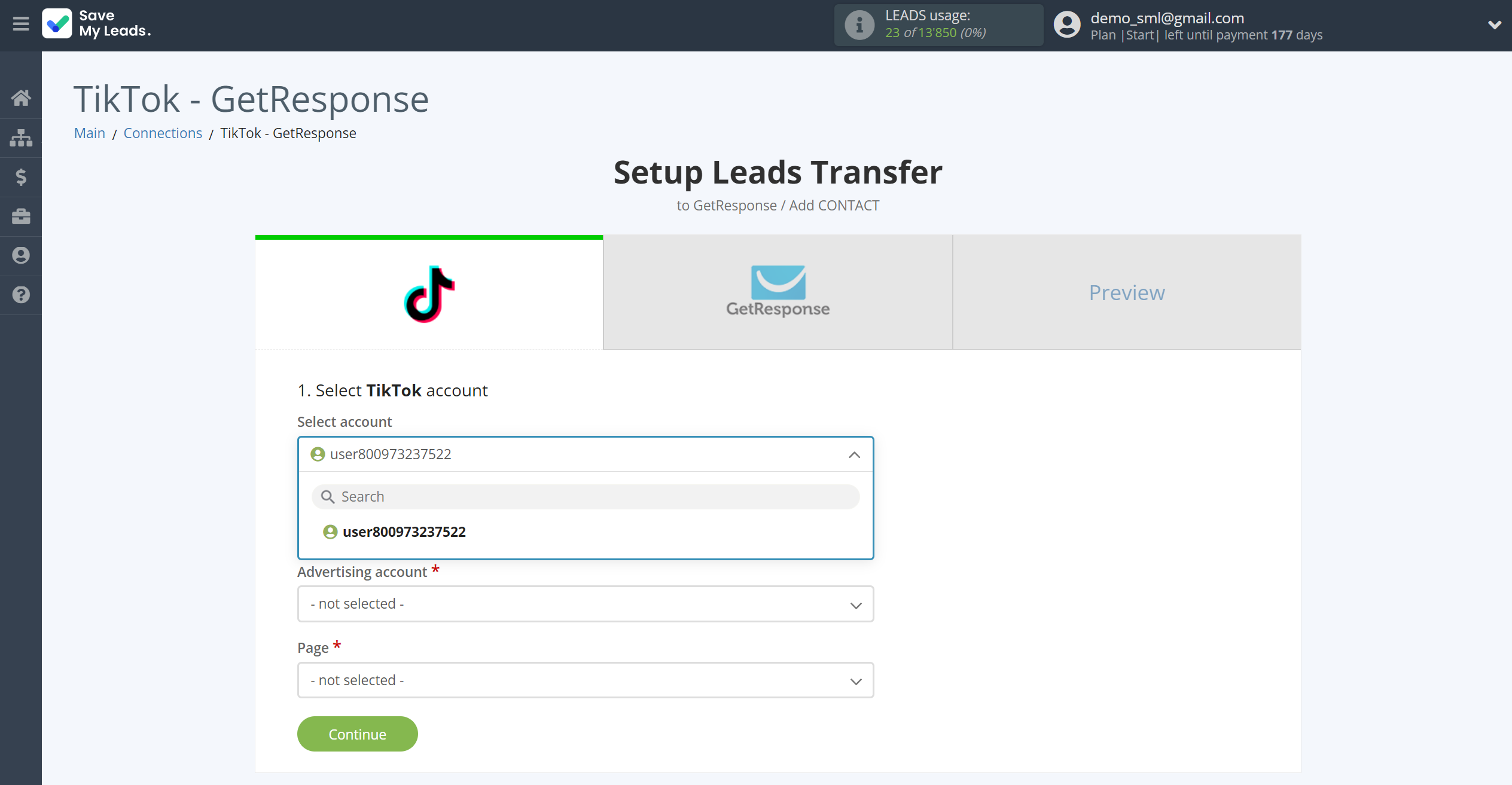 How to Connect GTikTok with GetResponse | Data Source account selection