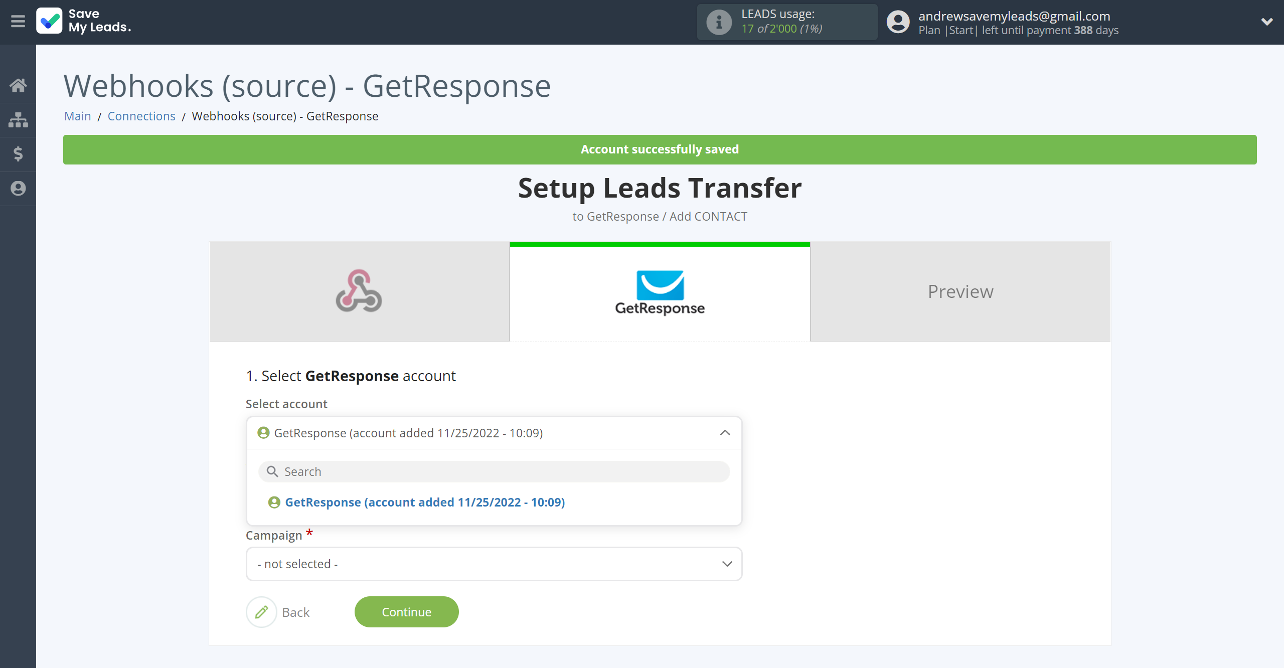 How to Connect Webhooks with GetResponse | Data Destination account selection