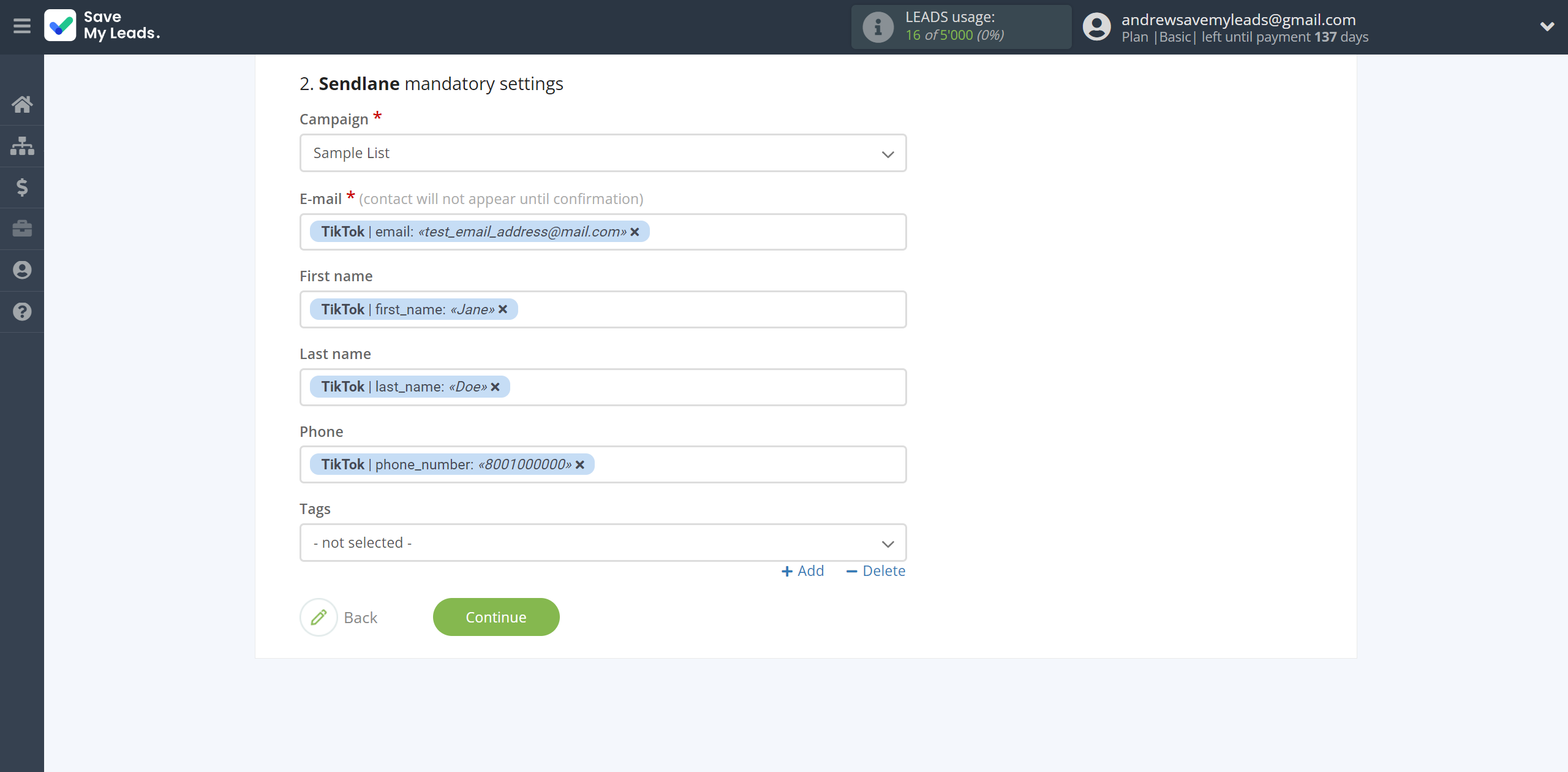 How to Connect TikTok with Sendlane Add Contacts | Assigning fields
