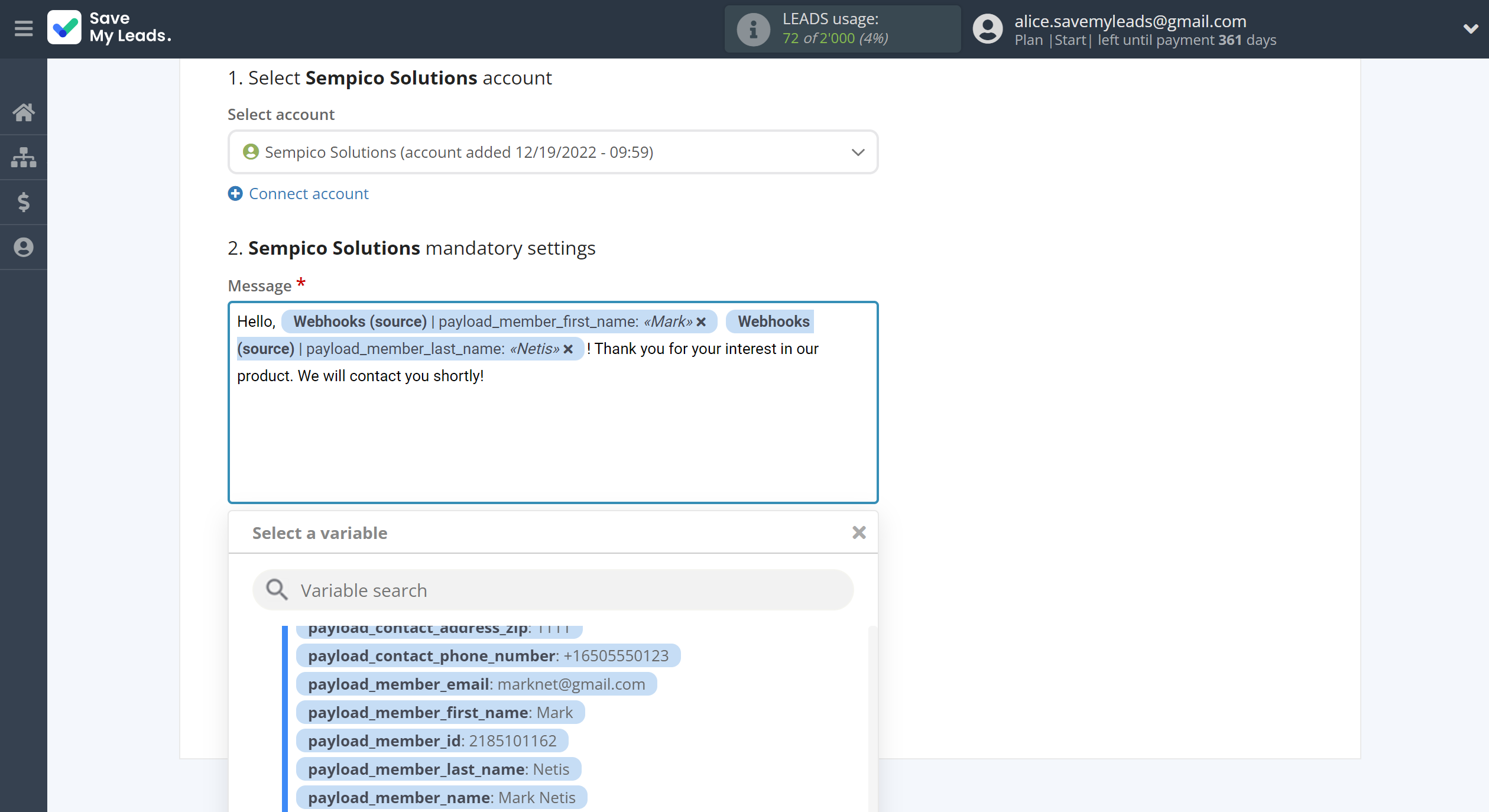 How to Connect Webhooks with Sempico Solutions | Assigning fields