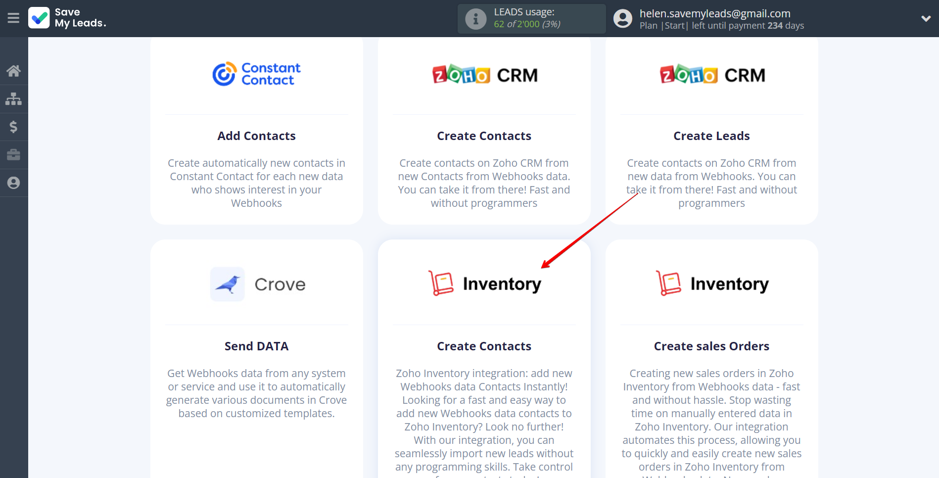 How to Connect Webhooks with Zoho Inventory Create Contacts | Data Destination system selection