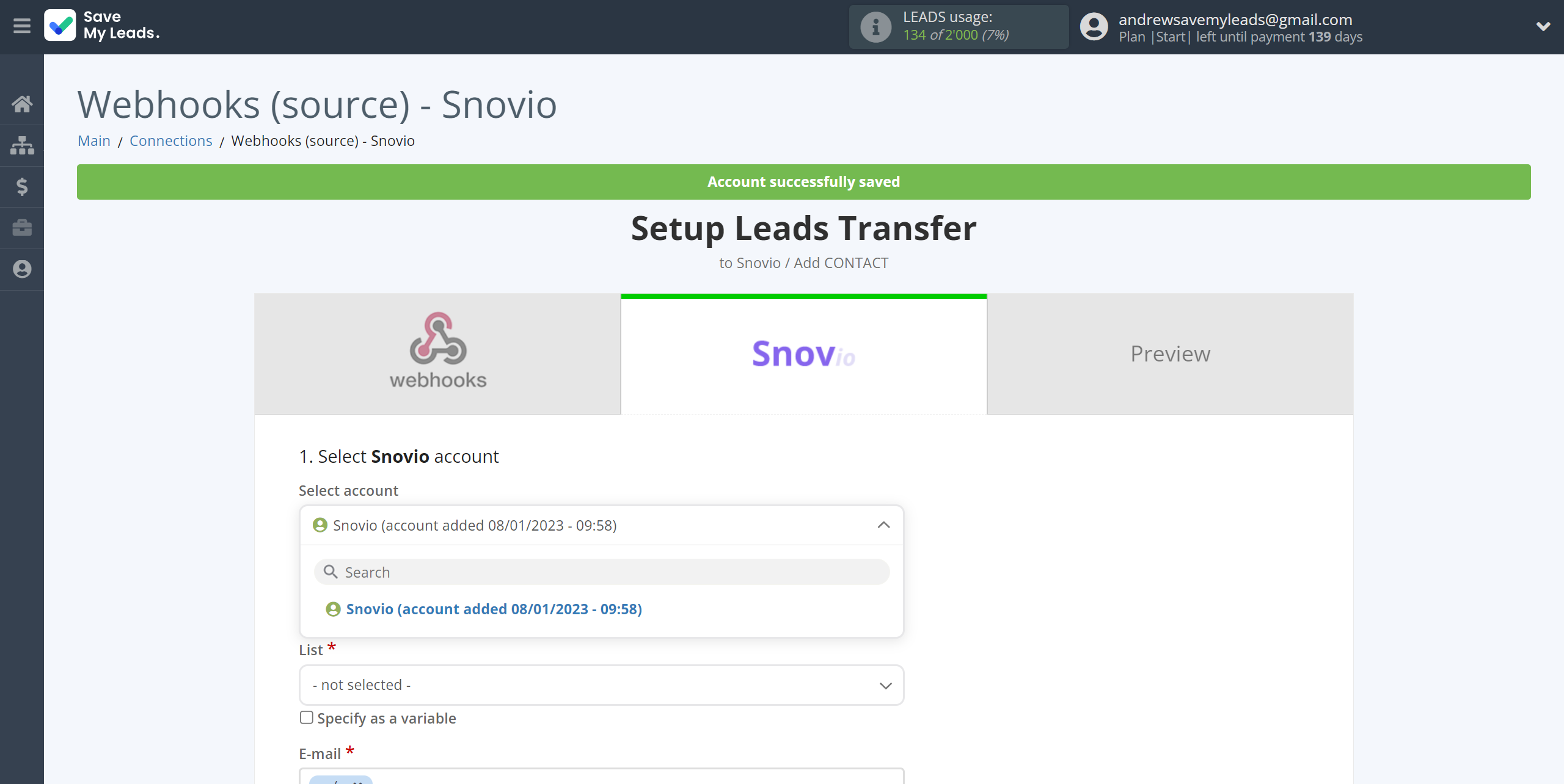 How to Connect Webhooks with Snovio Add Contact | Data Destination account selection