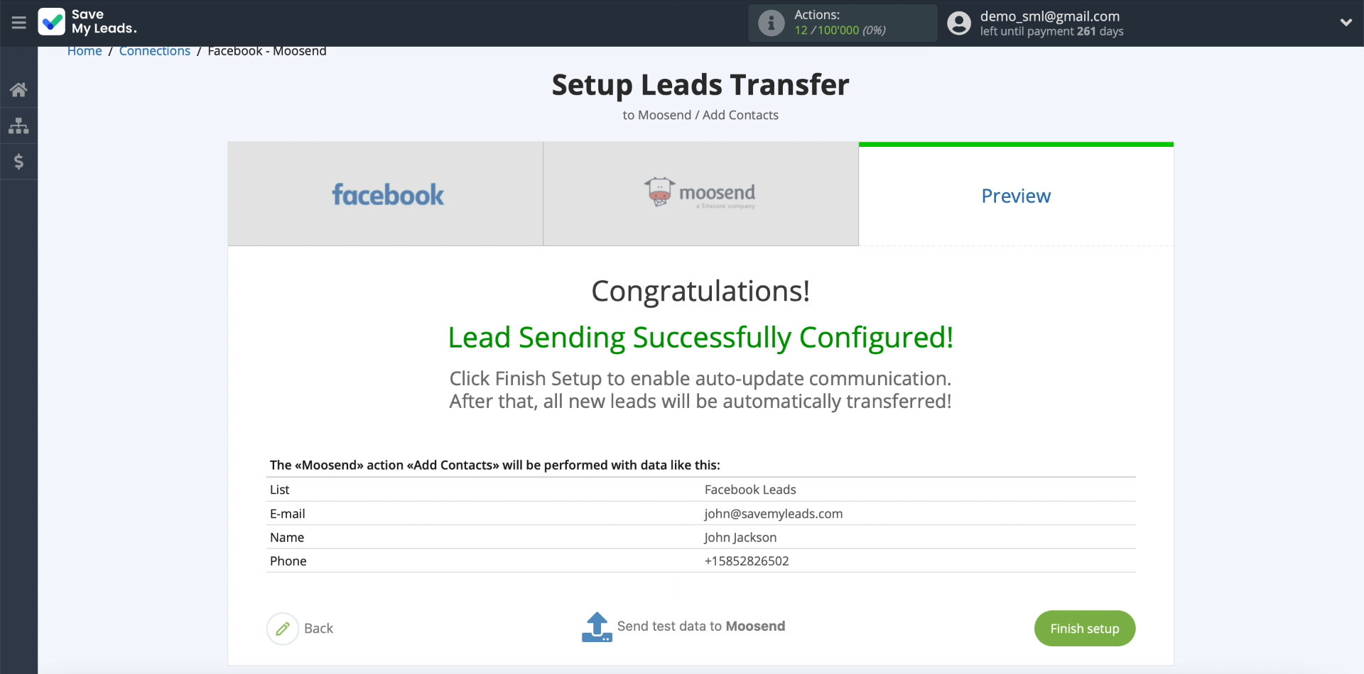 How to set up the upload of new leads from your Facebook ad account in Moosend | Example of data from one of the leads