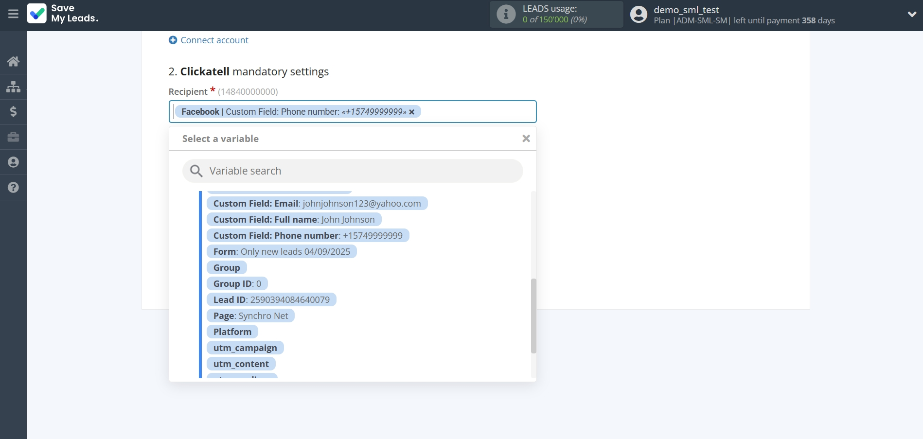 How to Connect Facebook with Clickatell | Assigning fields