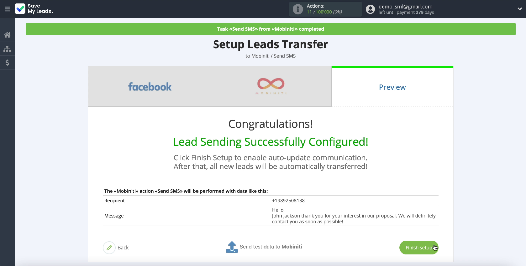 How to Send SMS via Mobiniti from New Facebook Leads | Click Finish setup