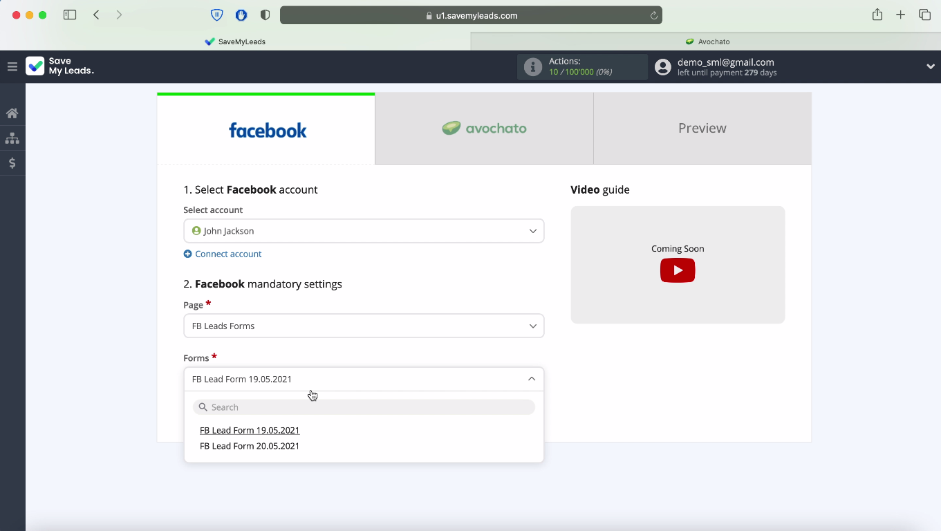 Integration Avochato and Facebook Leads Ads | Specify the page and forms