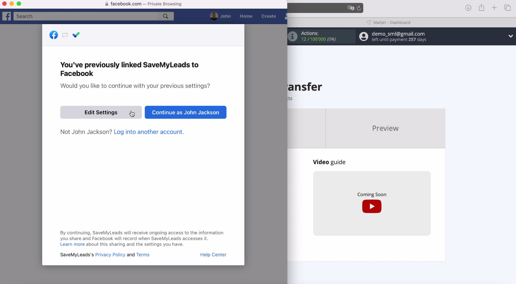 Facebook and Mailjet integration | Proceed with setup
