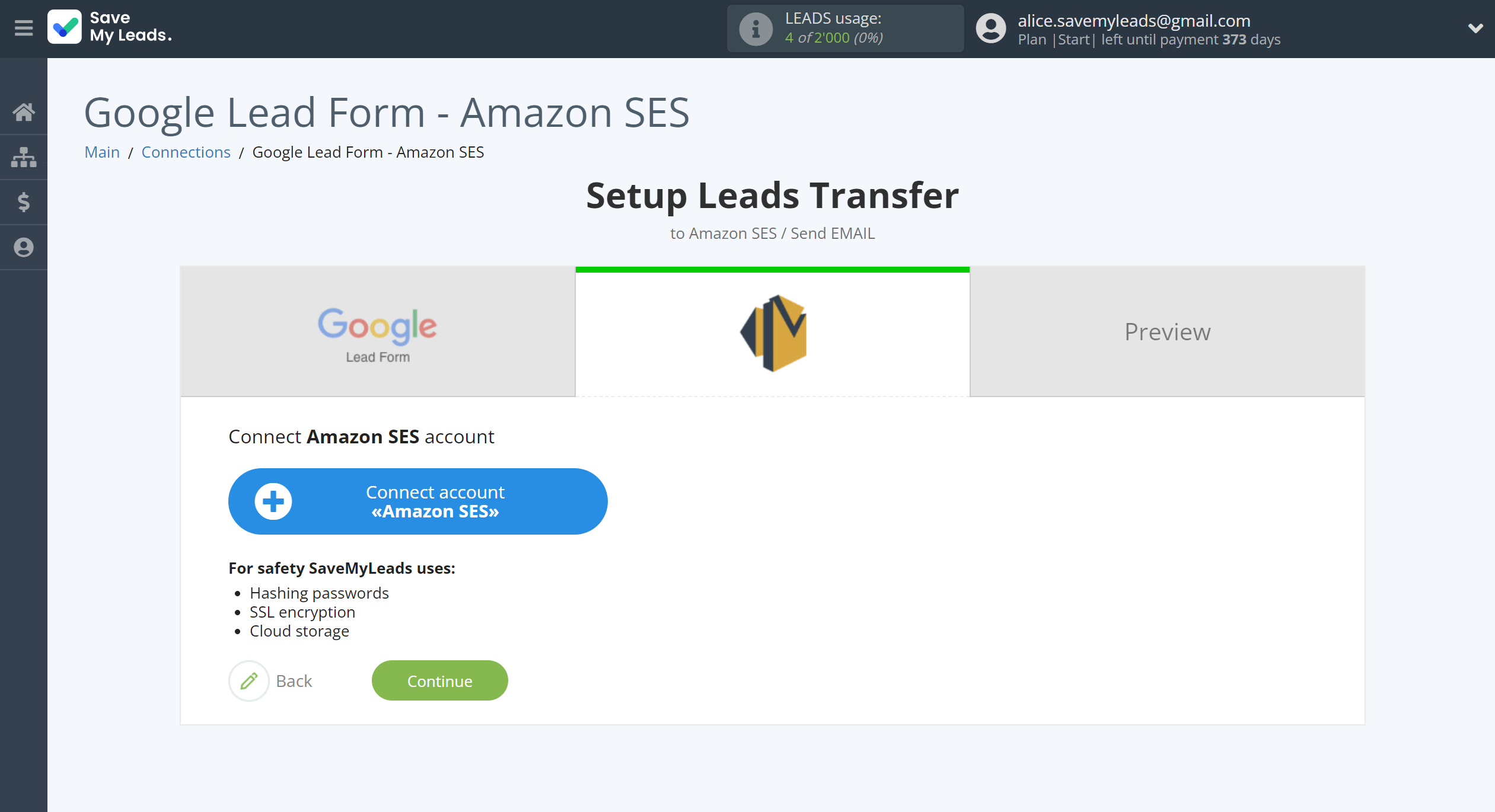 How to Connect Google Lead Form with&nbsp;Amazon SES | Data Destination account connection