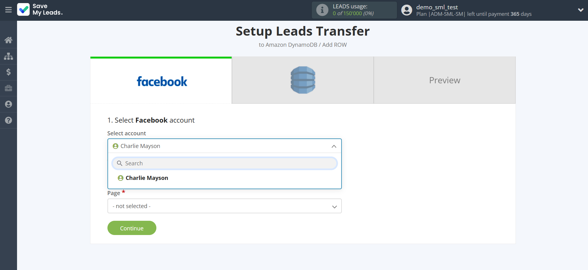 How to Connect Facebook with Amazon DynamoDB | Data Source account selection