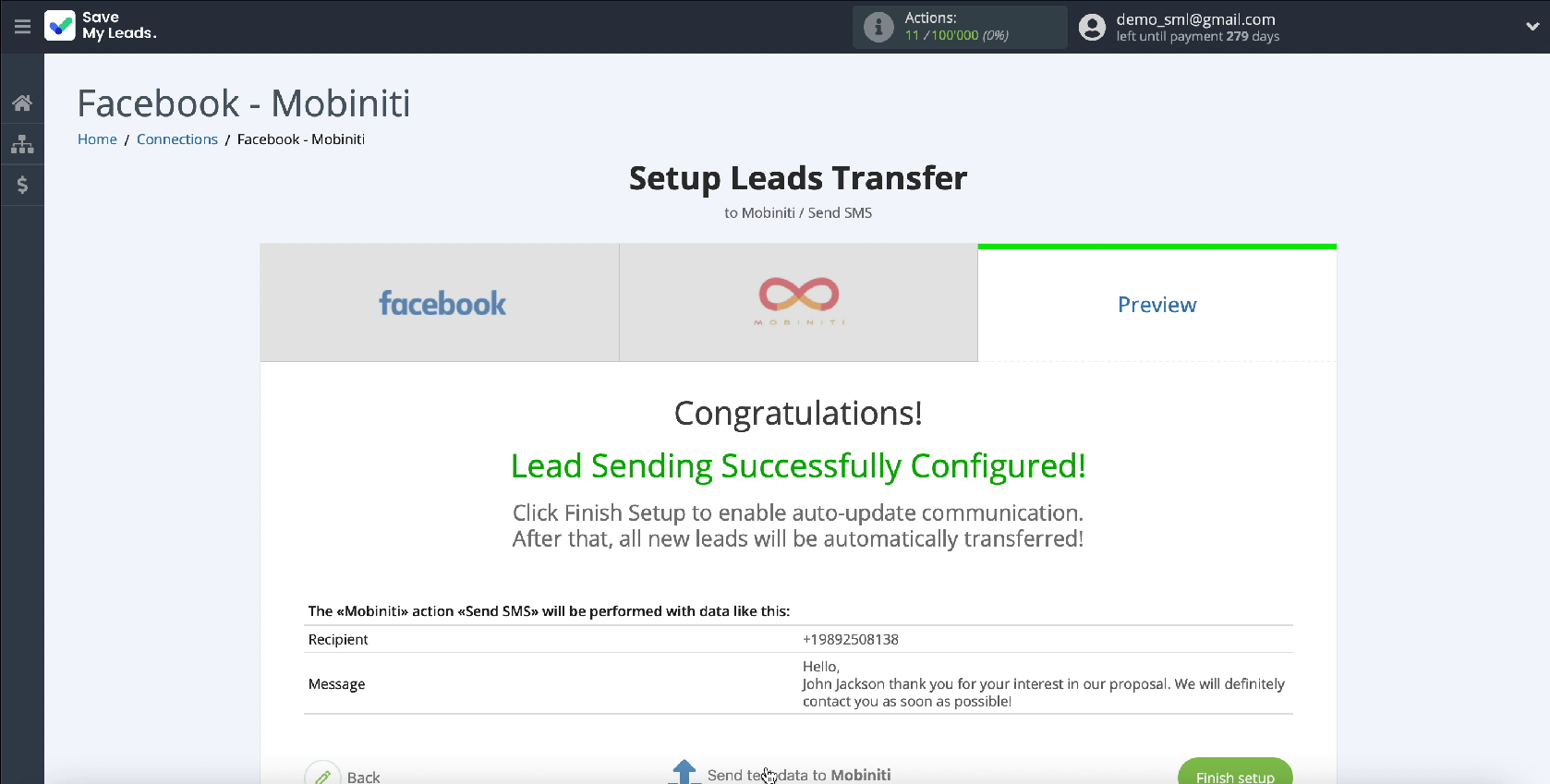 How to Send SMS via Mobiniti from New Facebook Leads | Send test data