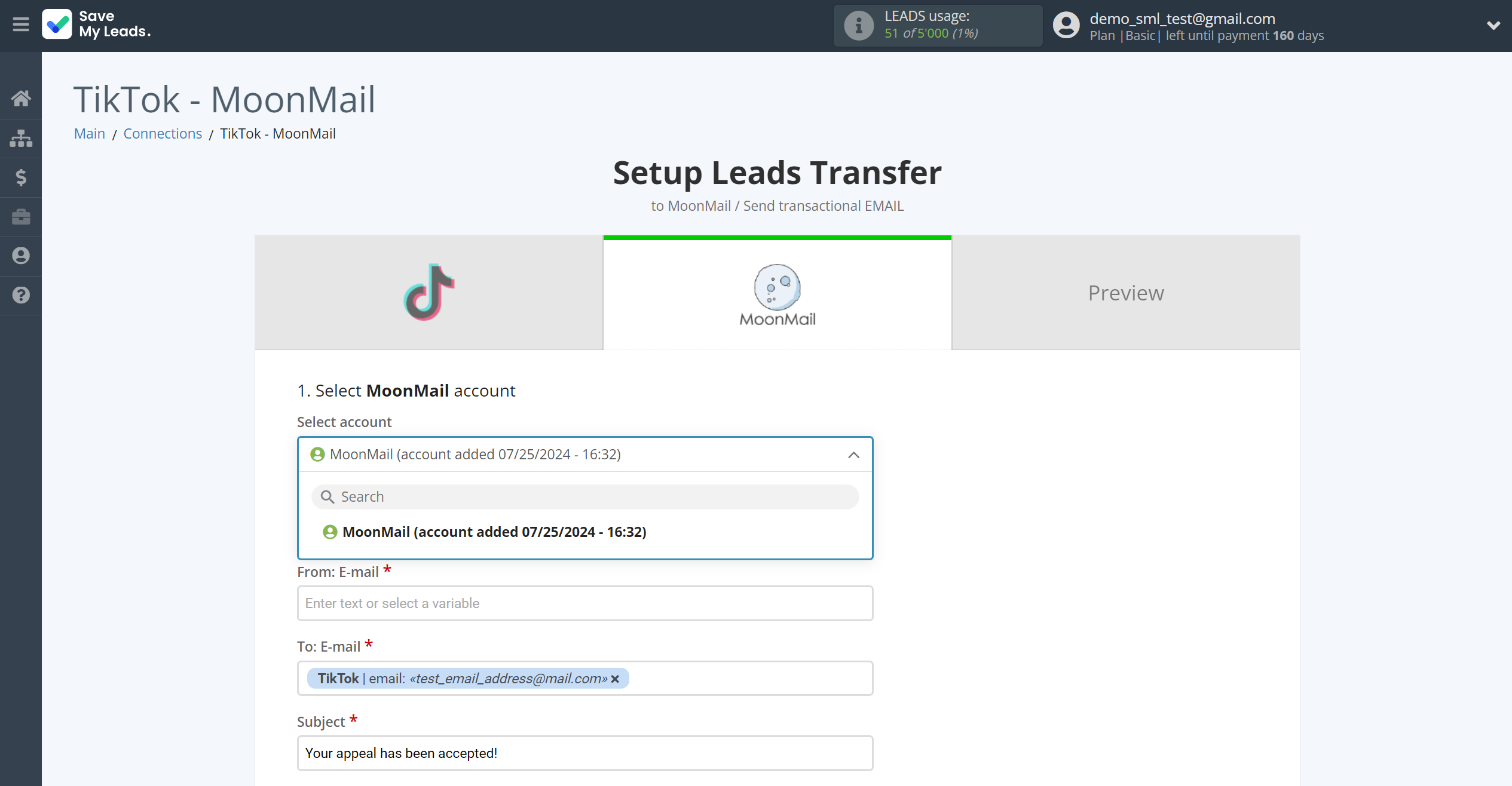 How to Connect TikTok with MoonMail | Data Destination account selection