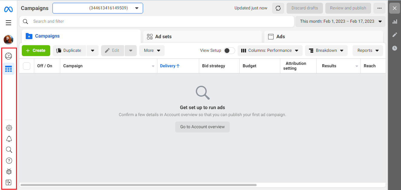 Ads Manager: Interface and Functionality | Left menu