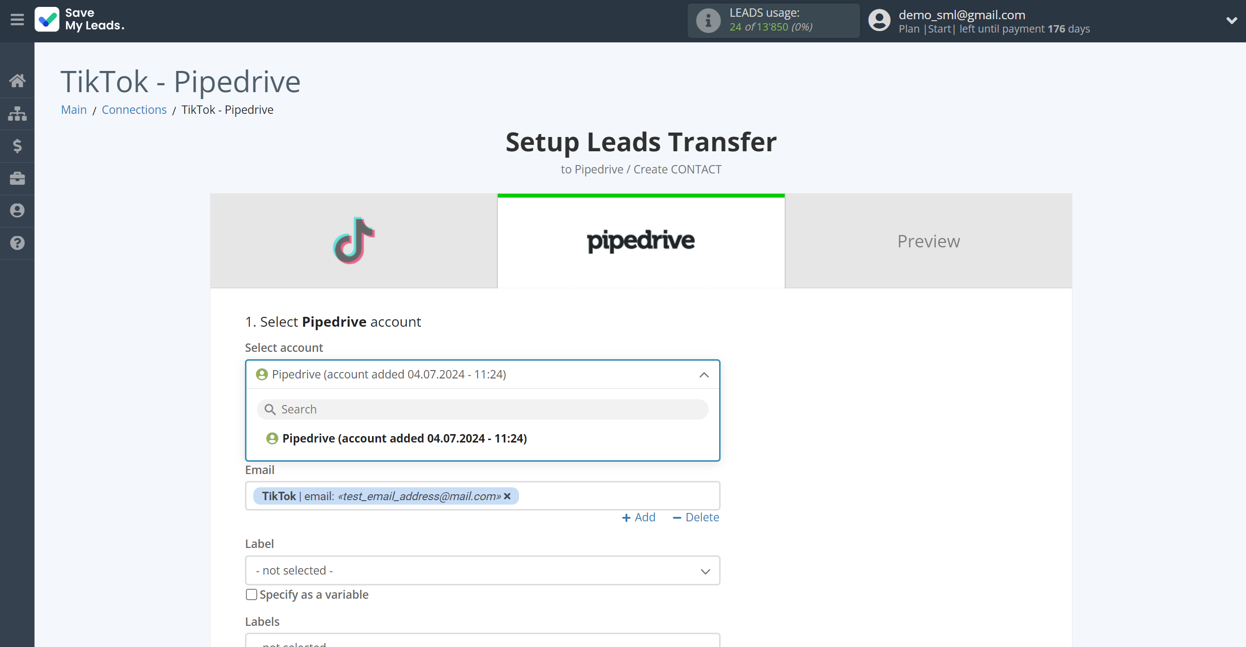 How to Connect TikTok with Pipedrive Create Contacts | Data Destination account selection