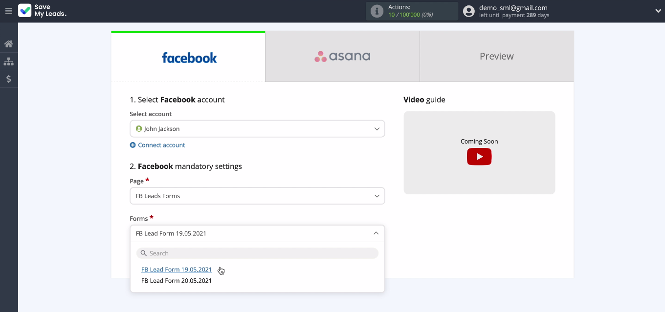 Transfer leads from Facebook Lead Ads to Asana | Select an account and forms