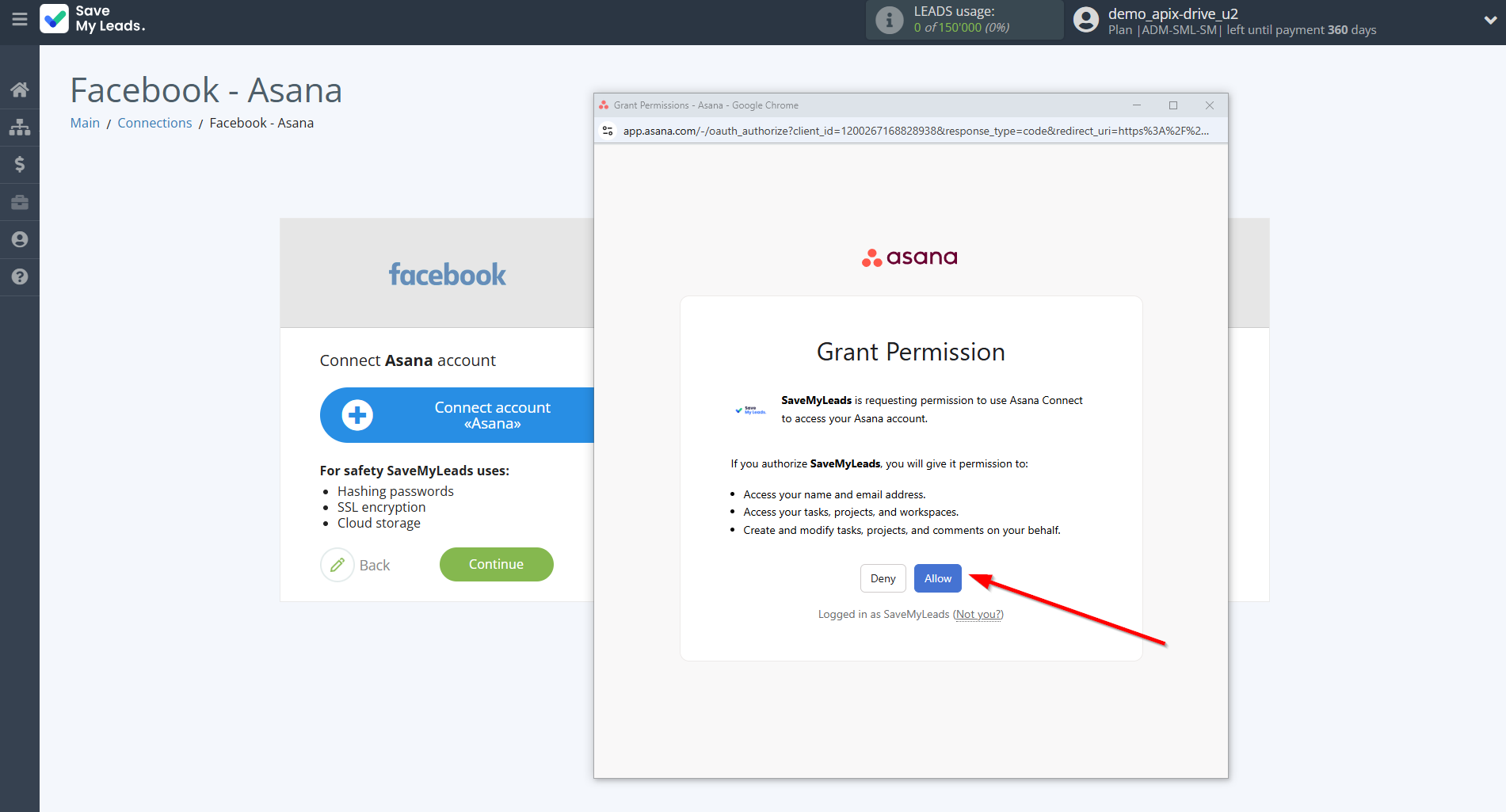How to Connect Facebook with Asana | Data Destination account connection