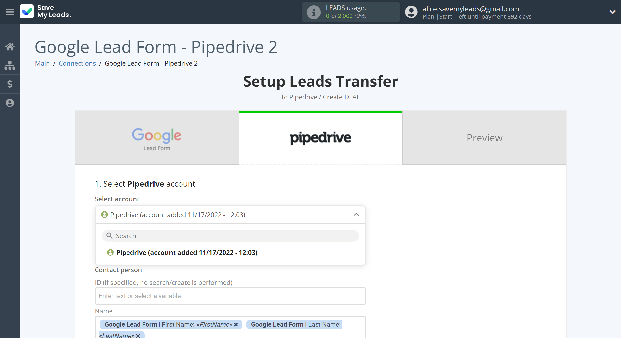 How to Connect Google Lead Form with Pipedrive Create Deal | Data Destination account selection
