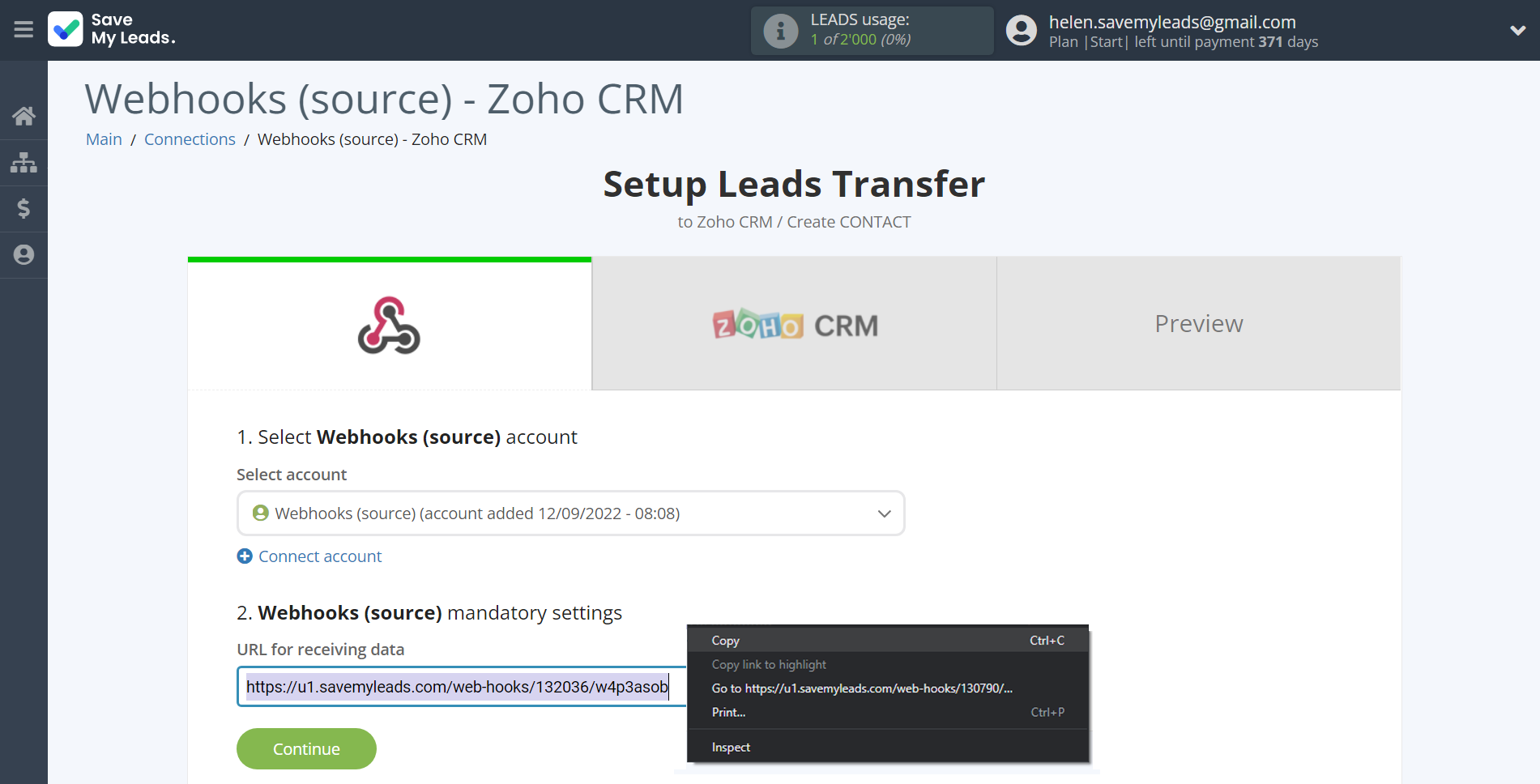 How to Connect Webhooks with Zoho CRM Create Contacts | Data Source account connection