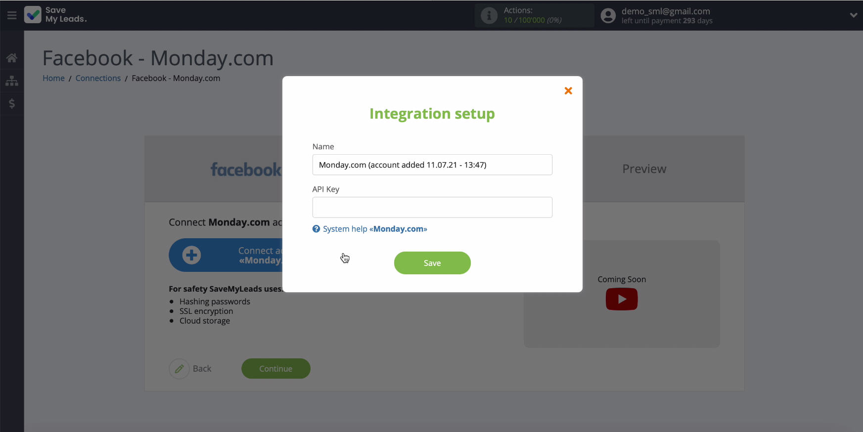 Facebook and Monday.com integration | Window input API key