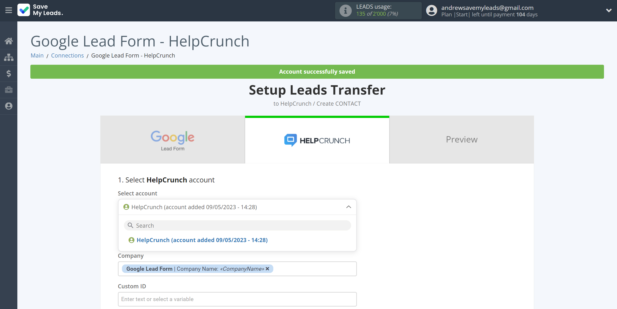 How to Connect Google Lead Form with HelpCrunch Create Contacts | Data Destination account selection
