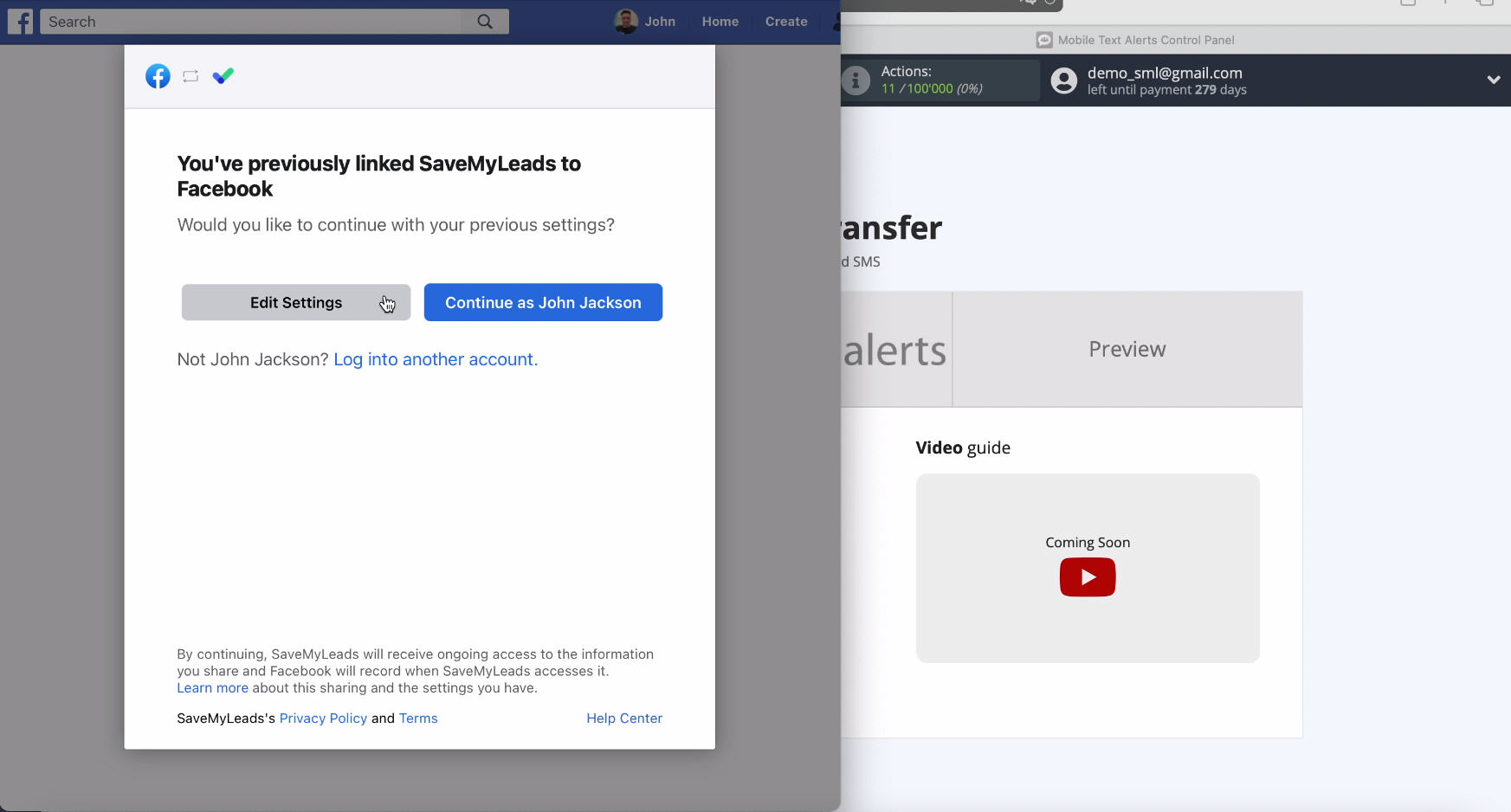 Facebook and Mobile Text Alerts integration | Proceed with setup&nbsp;