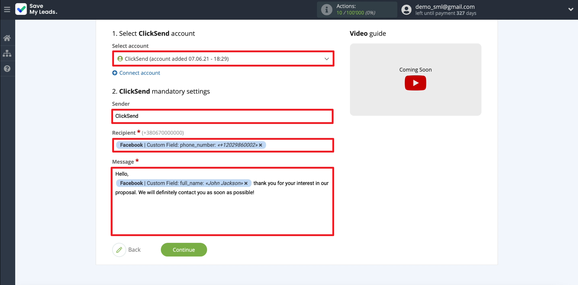 ClickSend and SaveMyLeads integration | Setting up message sending. Part 2