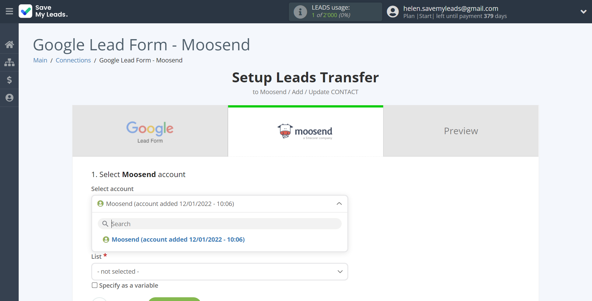 How to Connect Google Lead Form with Moosend | Data Destination account selection