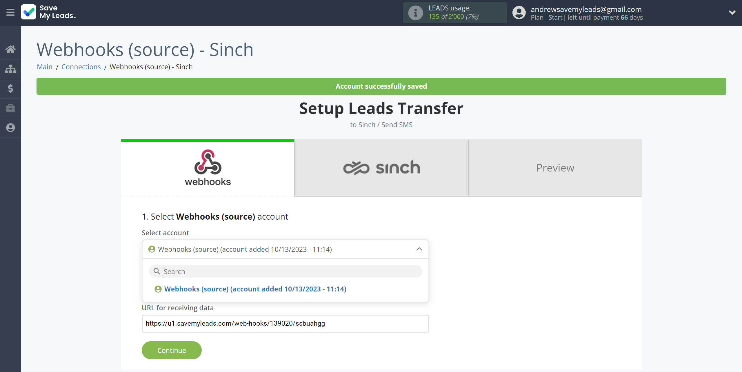 How to Connect Webhooks with Sinch | Data Source account selection