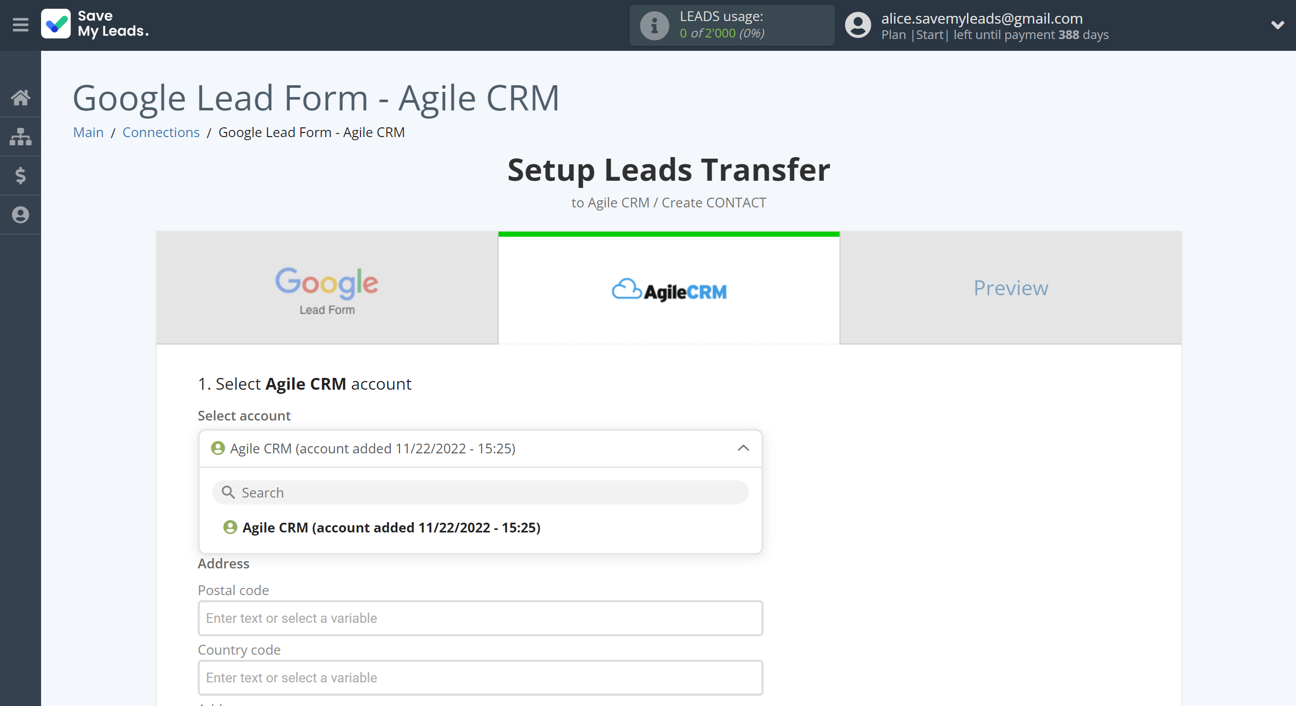 How to Connect Google Lead Form with AgileCRM Create Contacts | Data Destination account selection