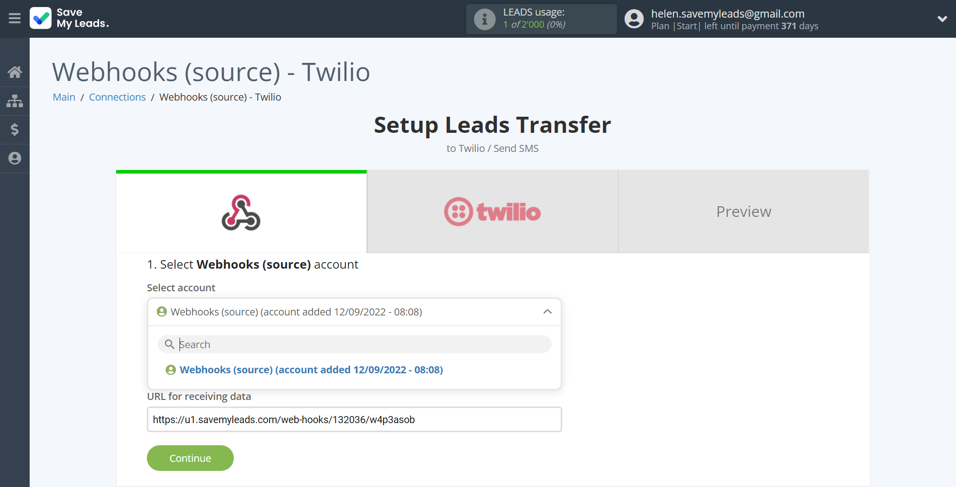 How to Connect Webhooks with Twilio | Data Source account selection