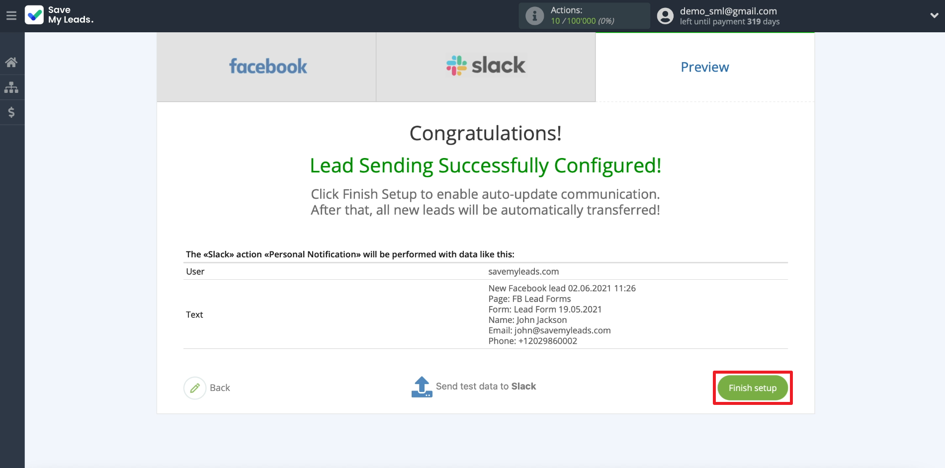 How to set up the upload of new leads from Facebook ad account to Slack private messages |&nbsp;Finishing the setup