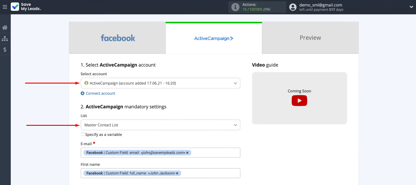 Facebook and ActiveCampaign integration | Select account and list&nbsp;