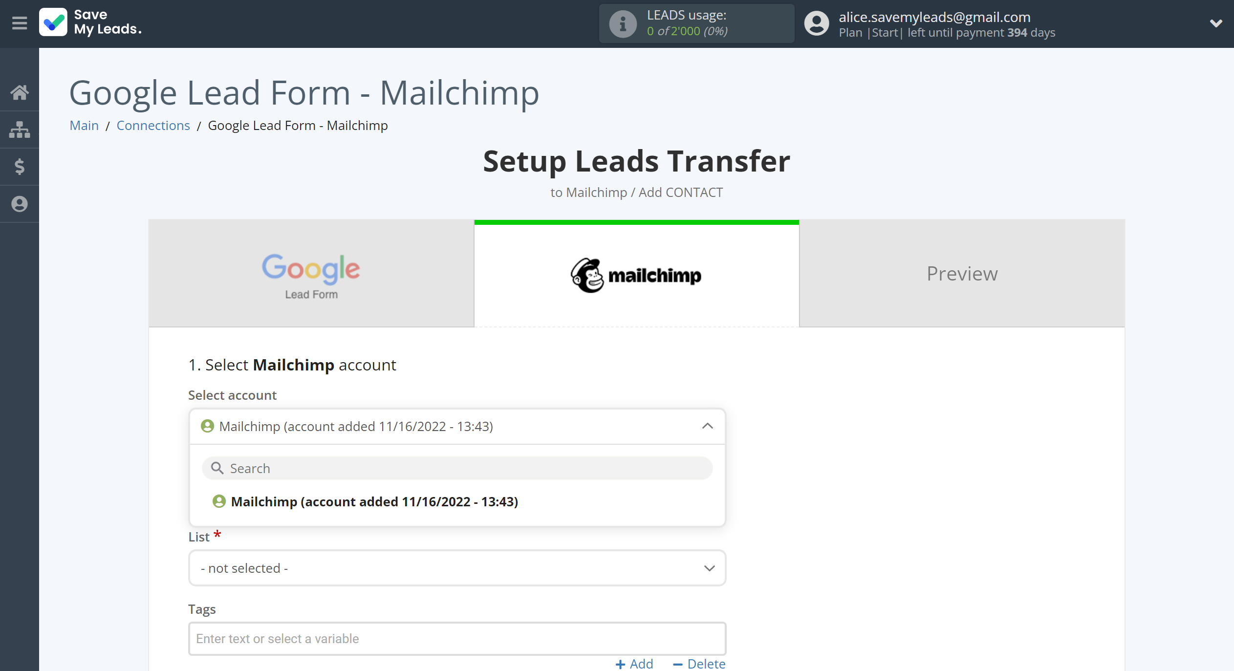 How to Connect Google Lead Form with MailChimp | Data Destination account selection