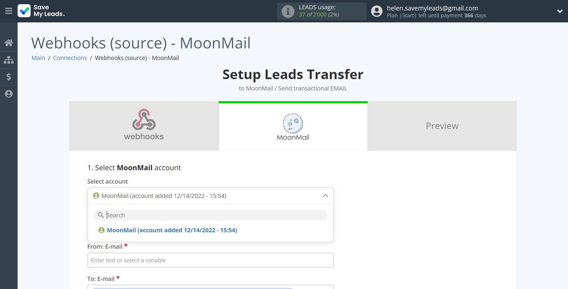 How to Connect Webhooks with MoonMail | Data Destination account selection