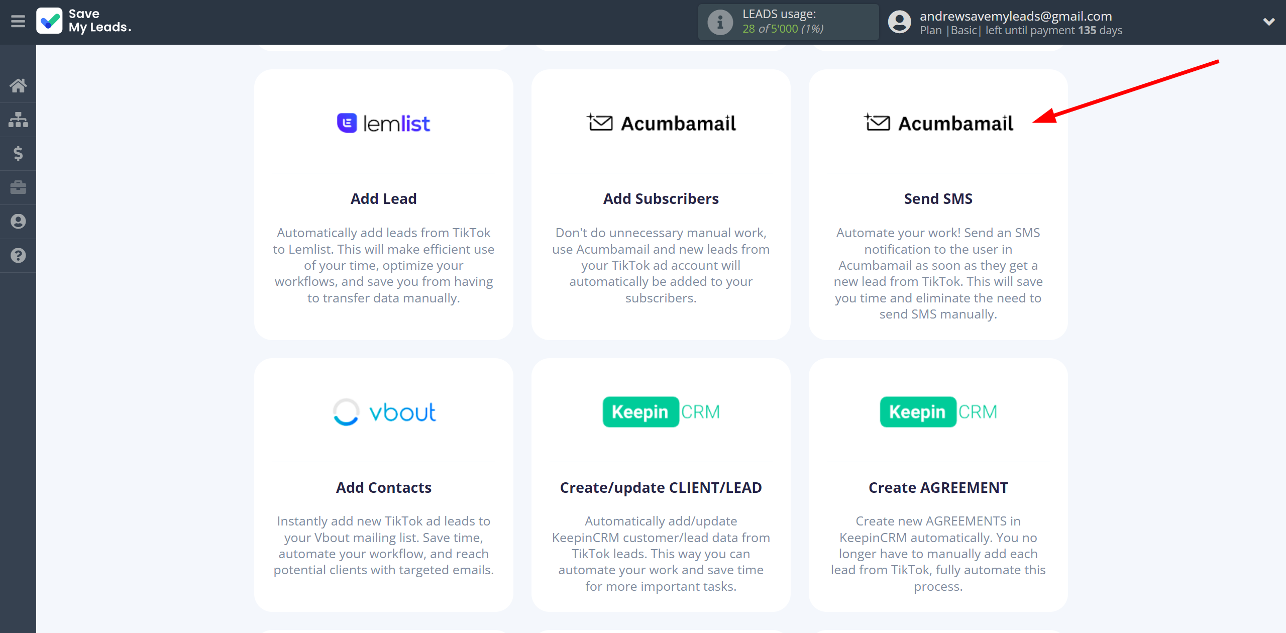 How to Connect TikTok with Acumbamail Send SMS | Data Destination system selection