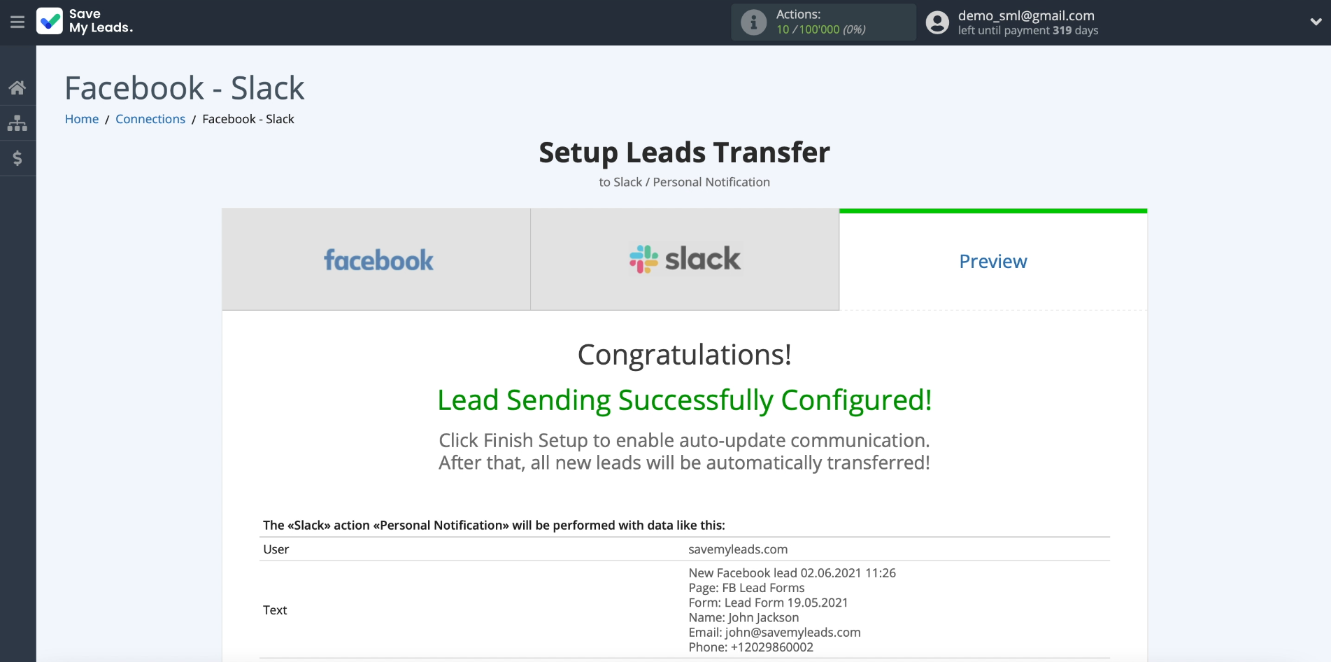 How to set up the upload of new leads from Facebook ad account to Slack private messages |&nbsp;Example of lead data part 1