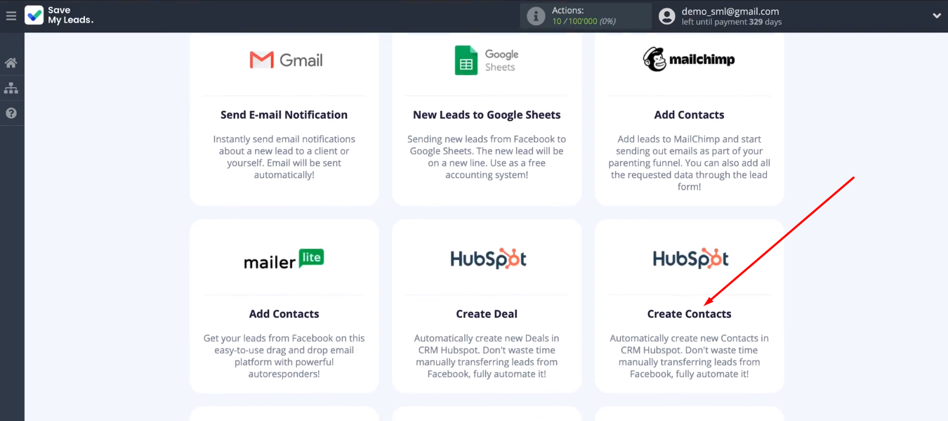 Facebook and Hubspot integration | Select “Hubspot (Create Contacts)”