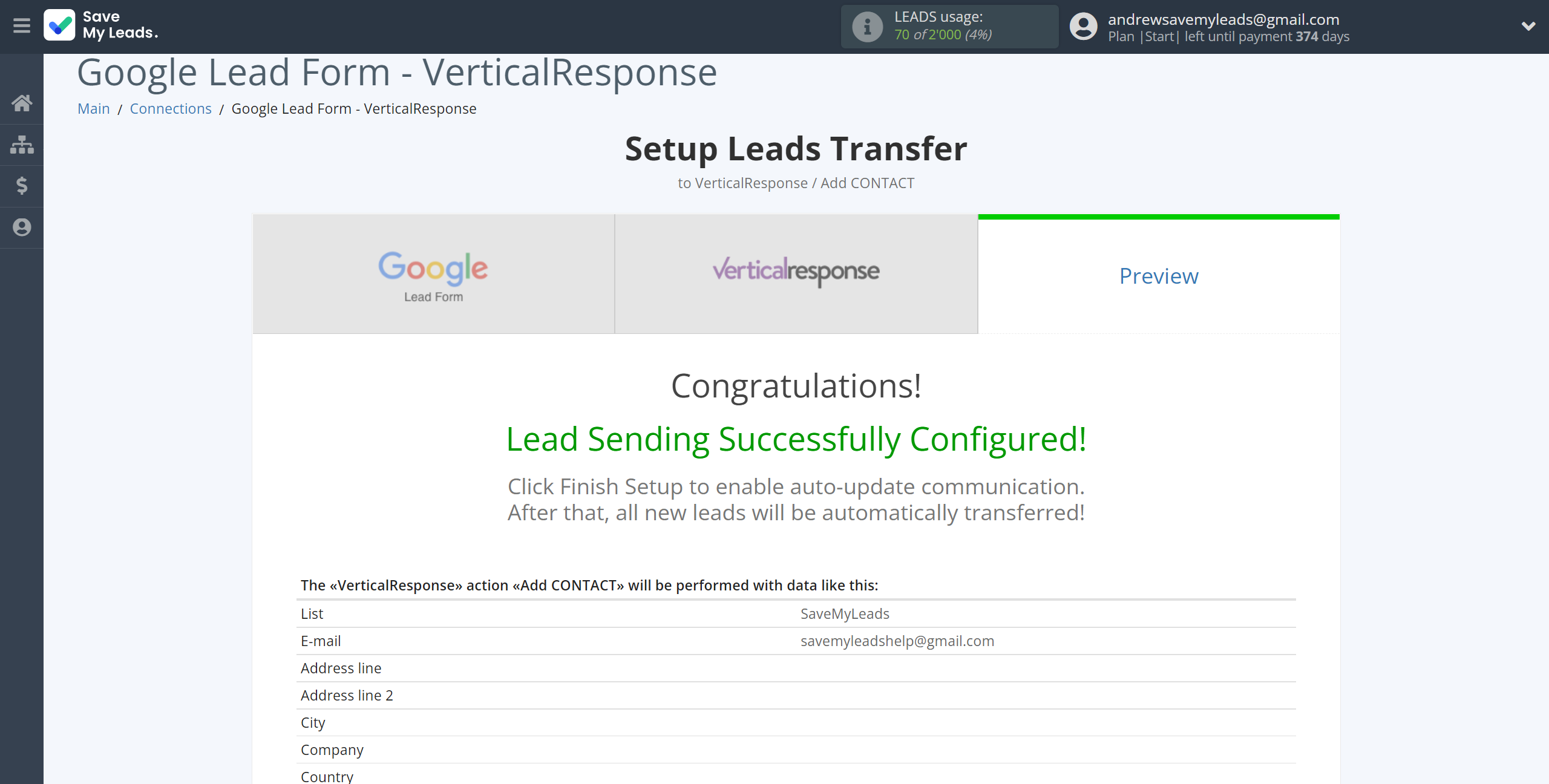 How to Connect Google Lead Form with VerticalResponse | Test data