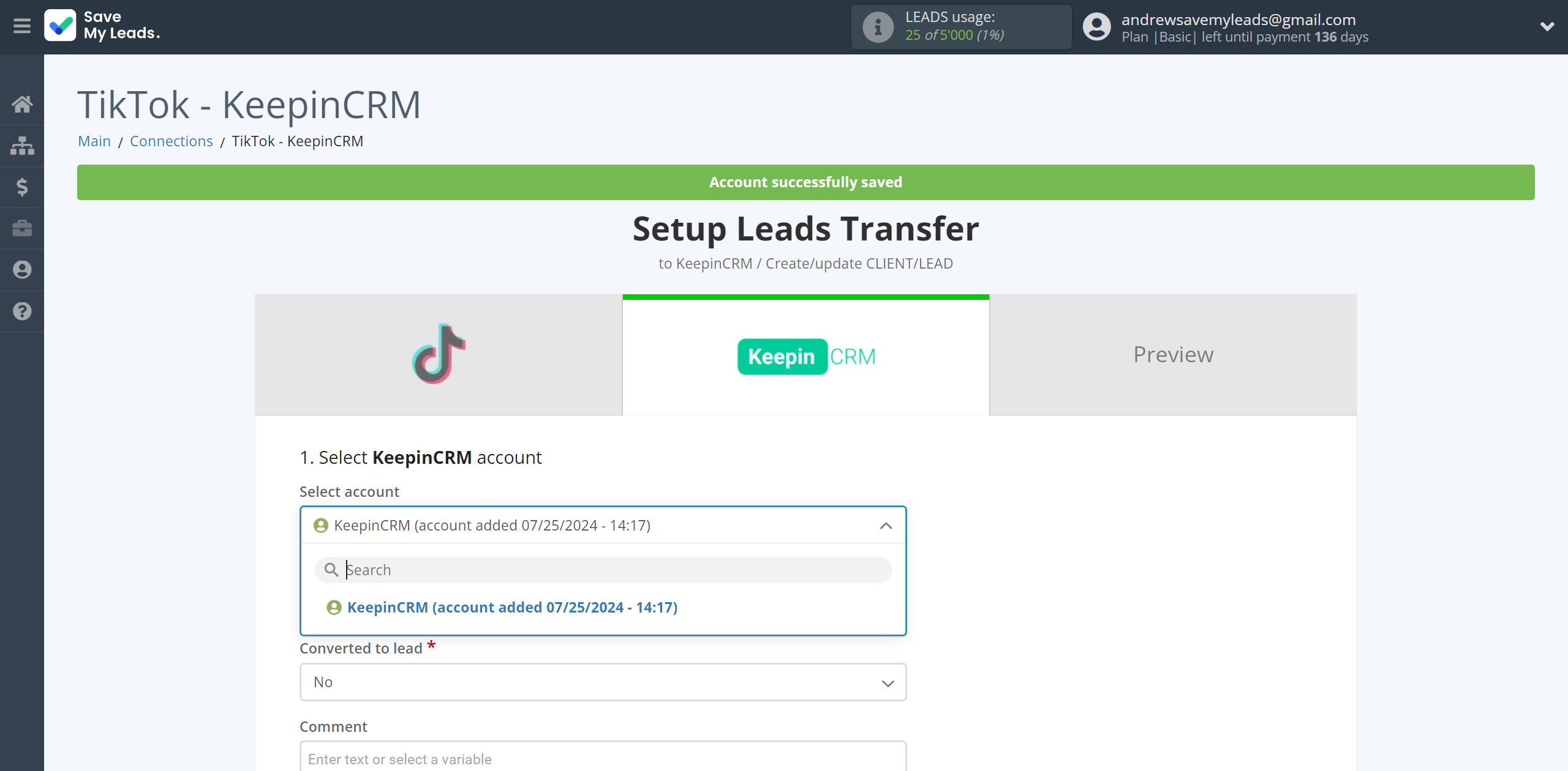 How to Connect TikTok with KeepinCRM Create/update Client/Lead | Data Destination account selection