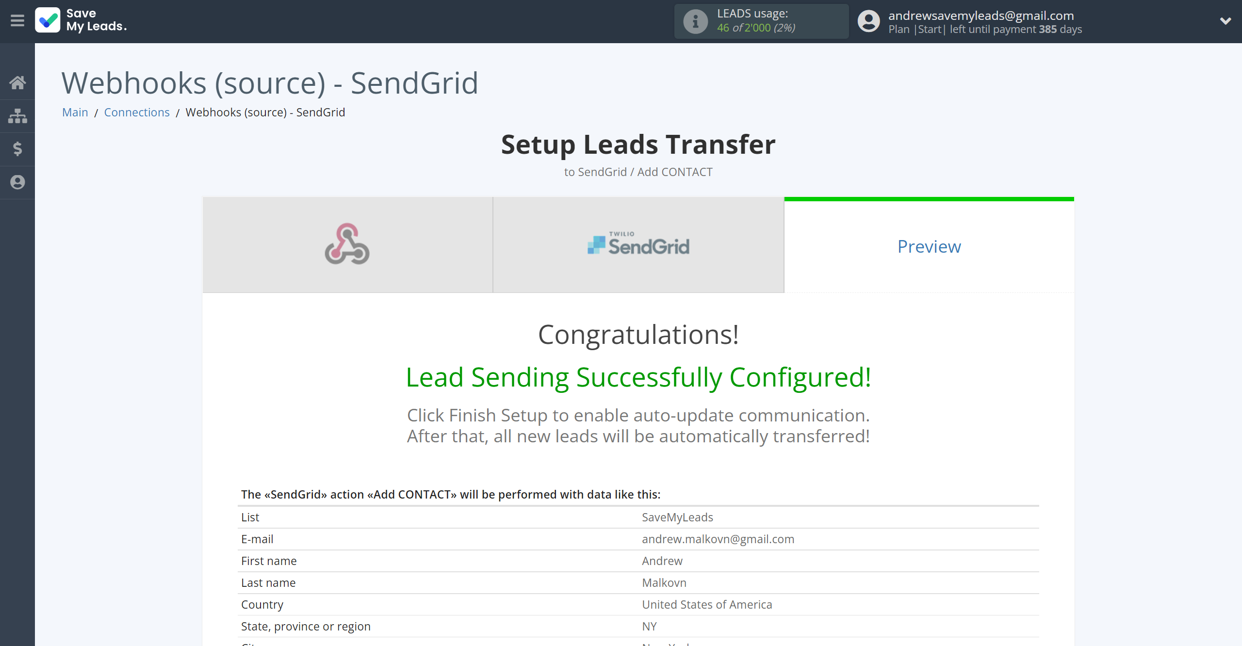 How to Connect Webhooks with SendGrid | Test data