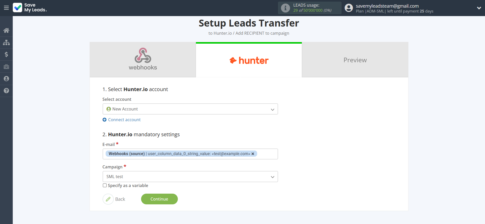 How to Connect Webhooks with Hunter.io Create Contact | Assigning fields