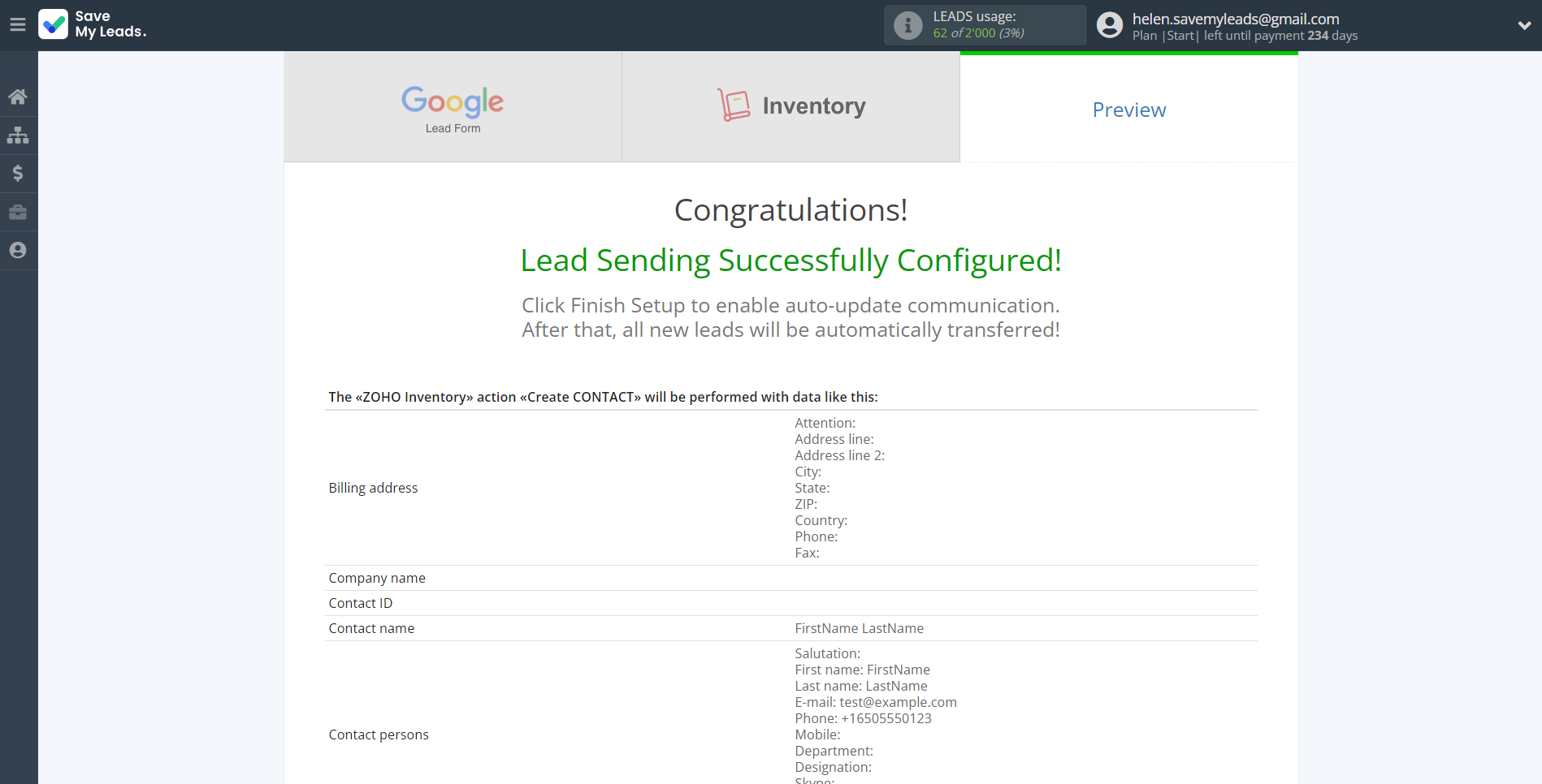 How to Connect Google Lead Form with Zoho Inventory Create Contacts | Test data