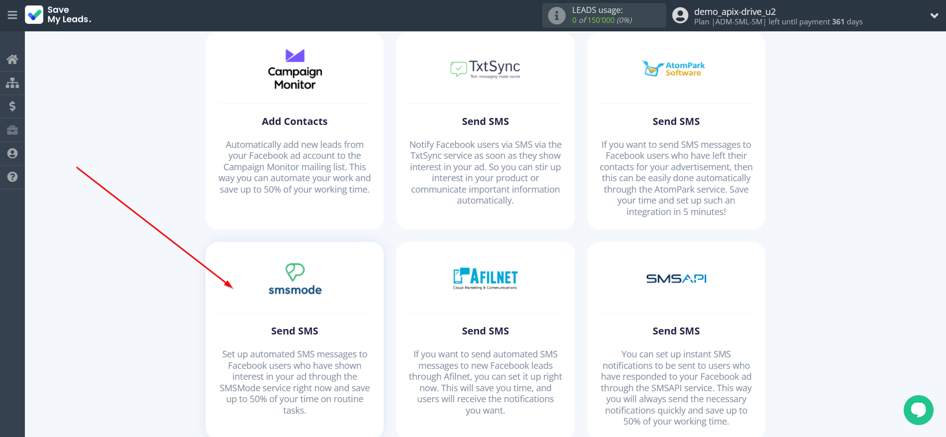 How to Connect Facebook with Smsmode | Data Destination system selection