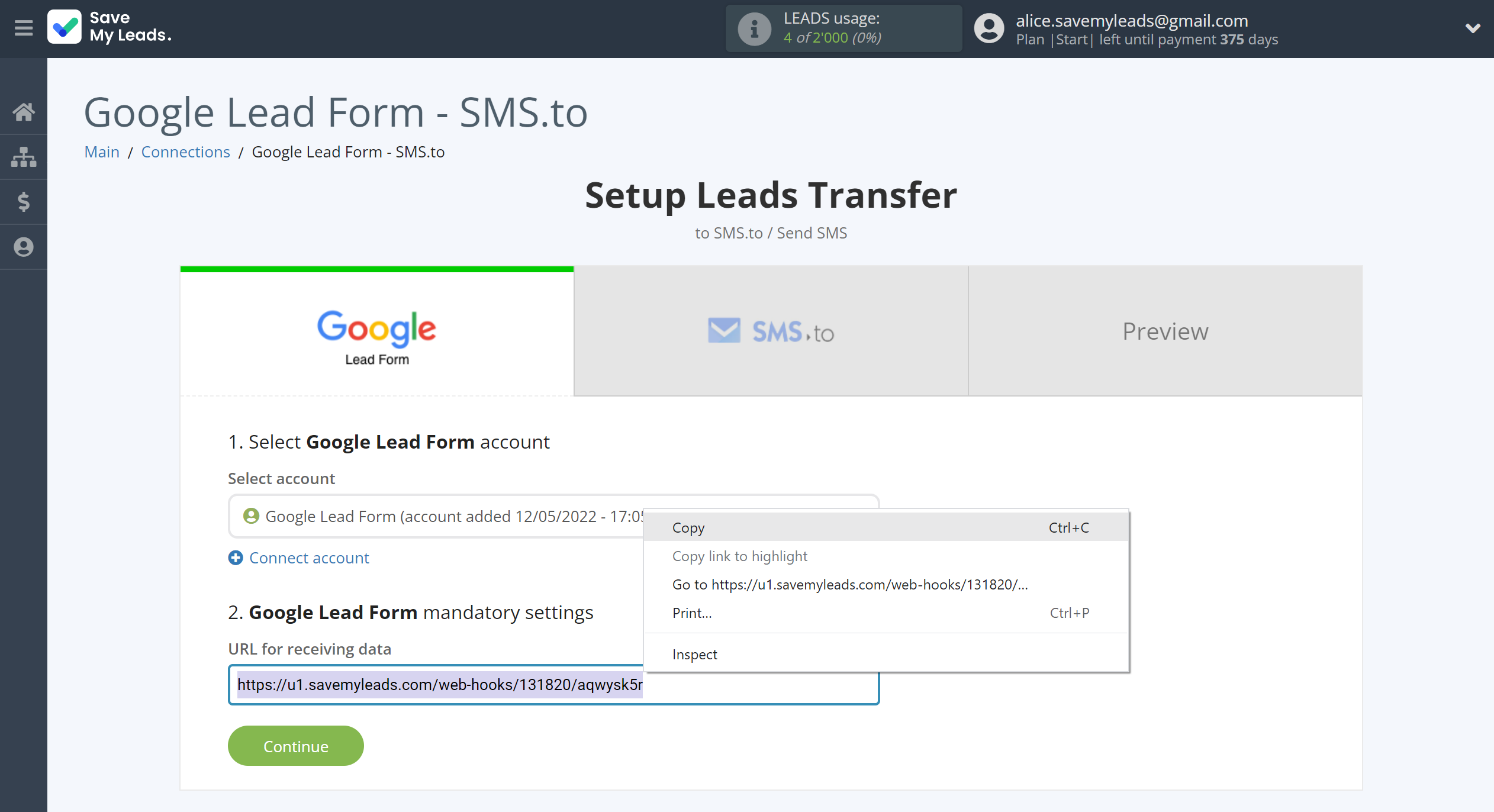 How to Connect Google Lead Form with SMS.to | Data Source account connection
