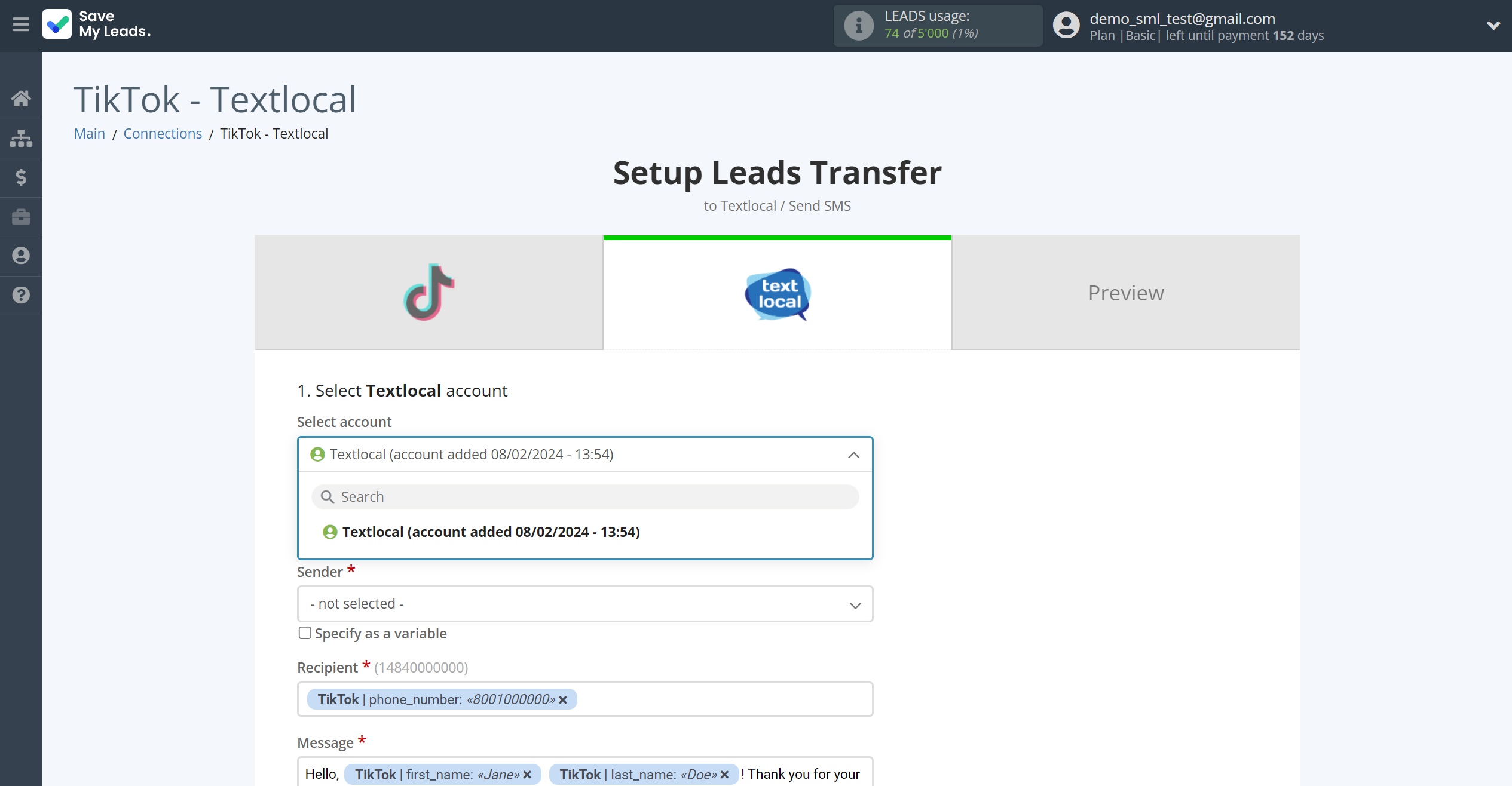 How to Connect TikTok with Textlocal | Data Destination account selection