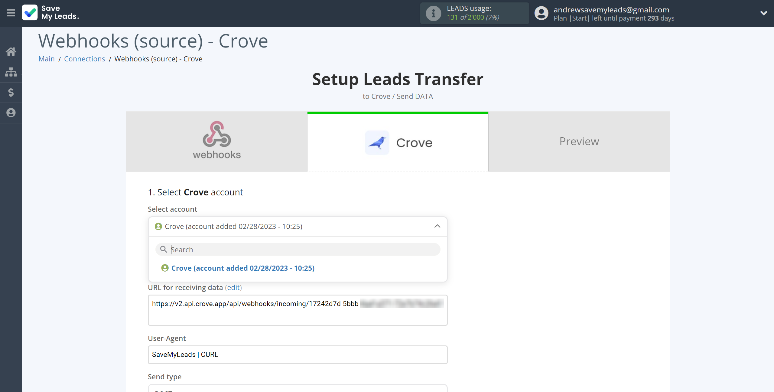 How to Connect Webhooks with Crove | Data Destination account selection