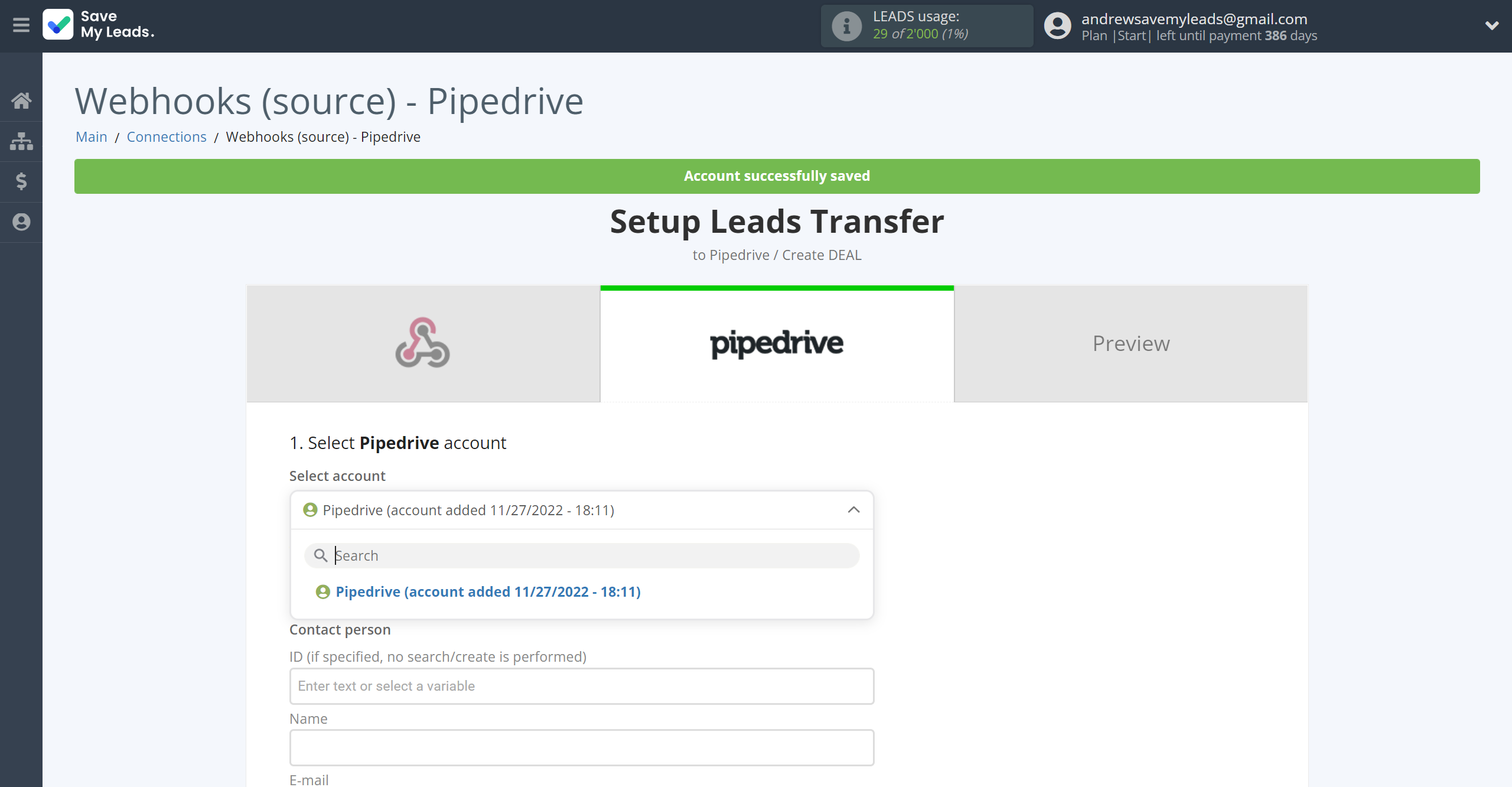 How to Connect Webhooks with Pipedrive Create Deal | Data Destination account selection