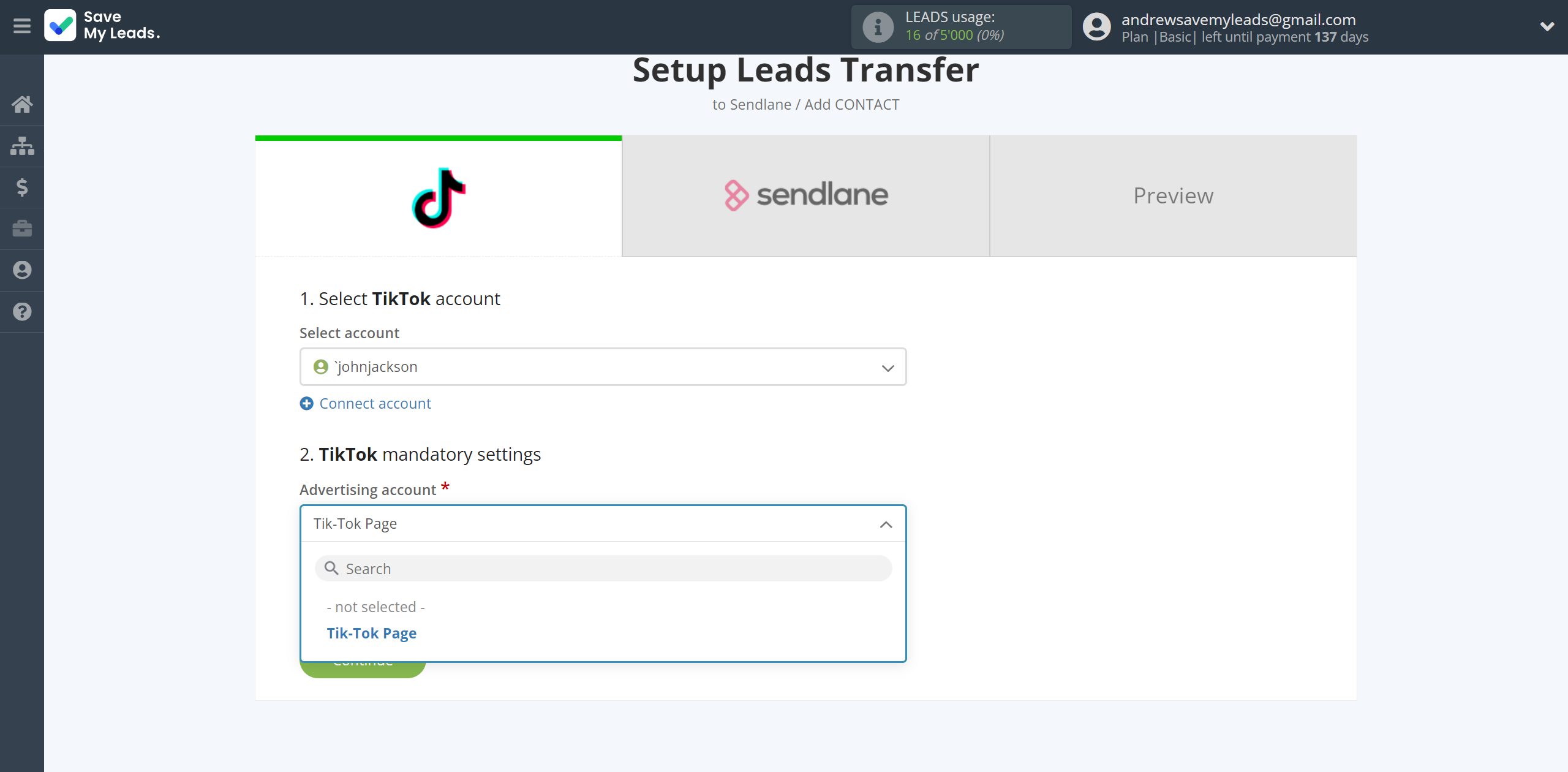 How to Connect TikTok with Sendlane Add Contacts | Data Source account connection