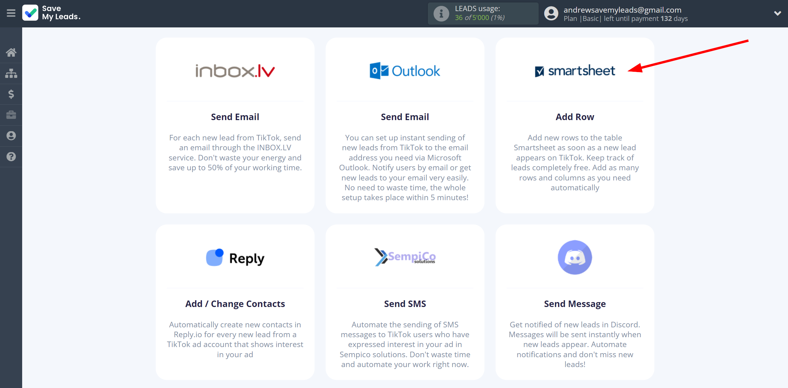 How to Connect TikTok with Smartsheet | Data Destination system selection