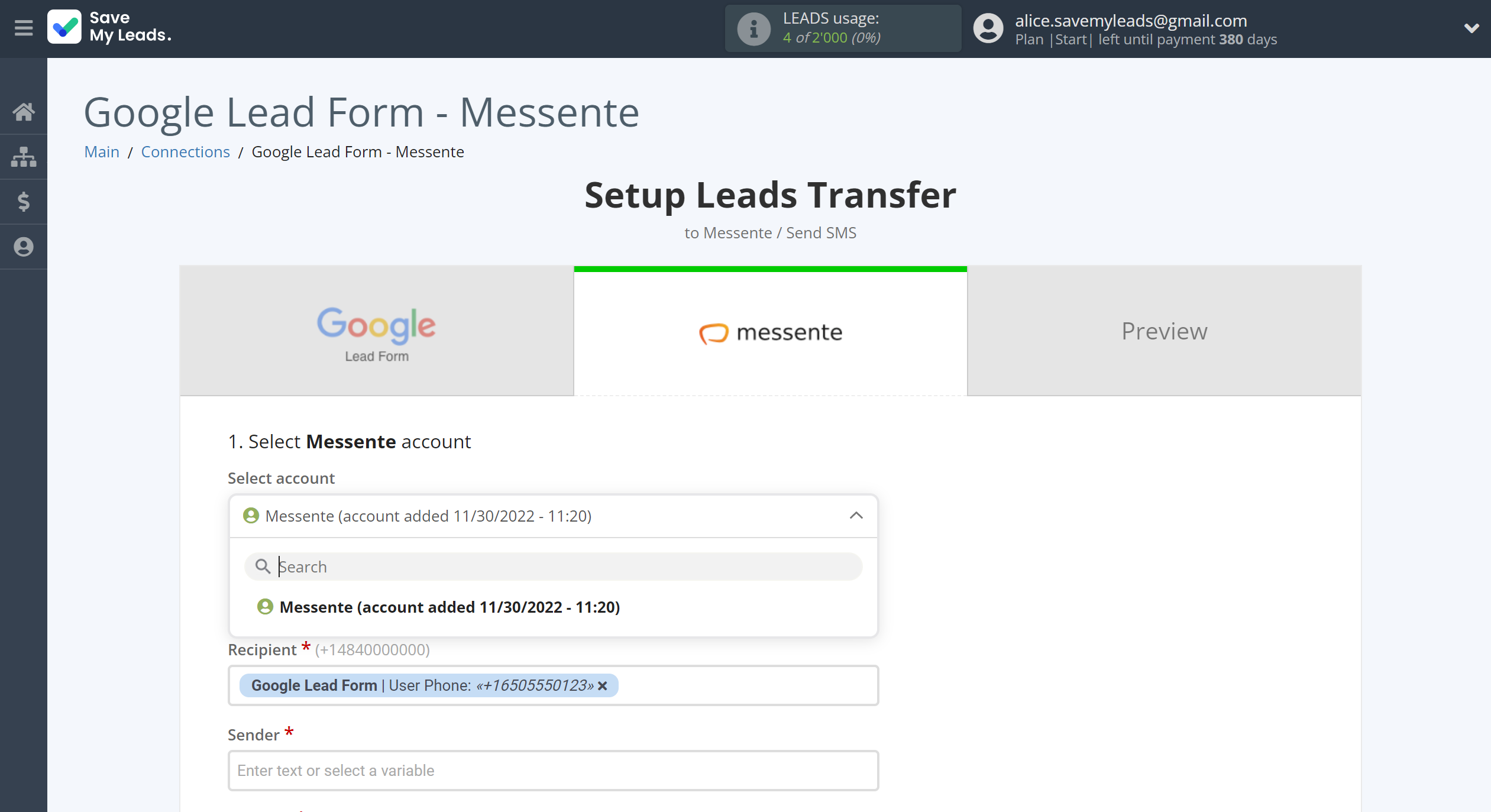 How to Connect Google Lead Form with Messente | Data Destination account selection